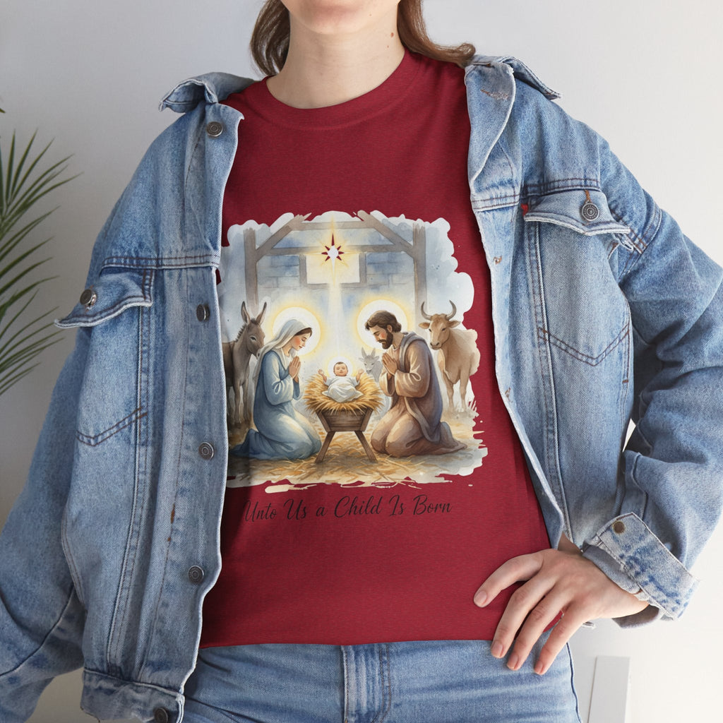 Unto Us a Child is Born T-shirt – Isaiah 9:6 Nativity Manger Scene Christian Christmas T-shirt for Holy Night Faith Printify