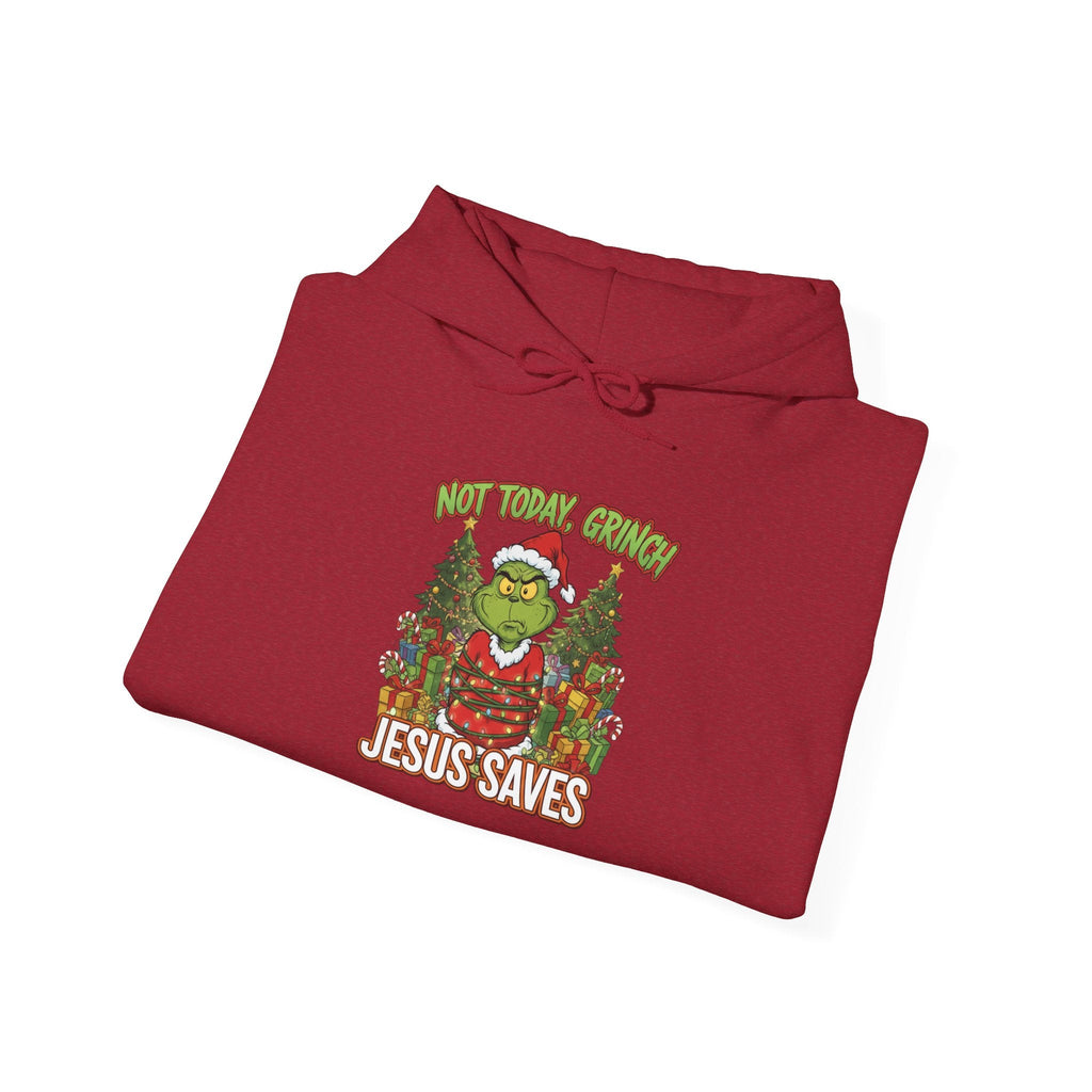 🎄 Not Today, Grinch – Jesus Saves | Funny Christian Christmas Hoodie | Sulking Grinch & Glowing Cross | Bold Neon Faith Tee by Uplifted Gear Printify