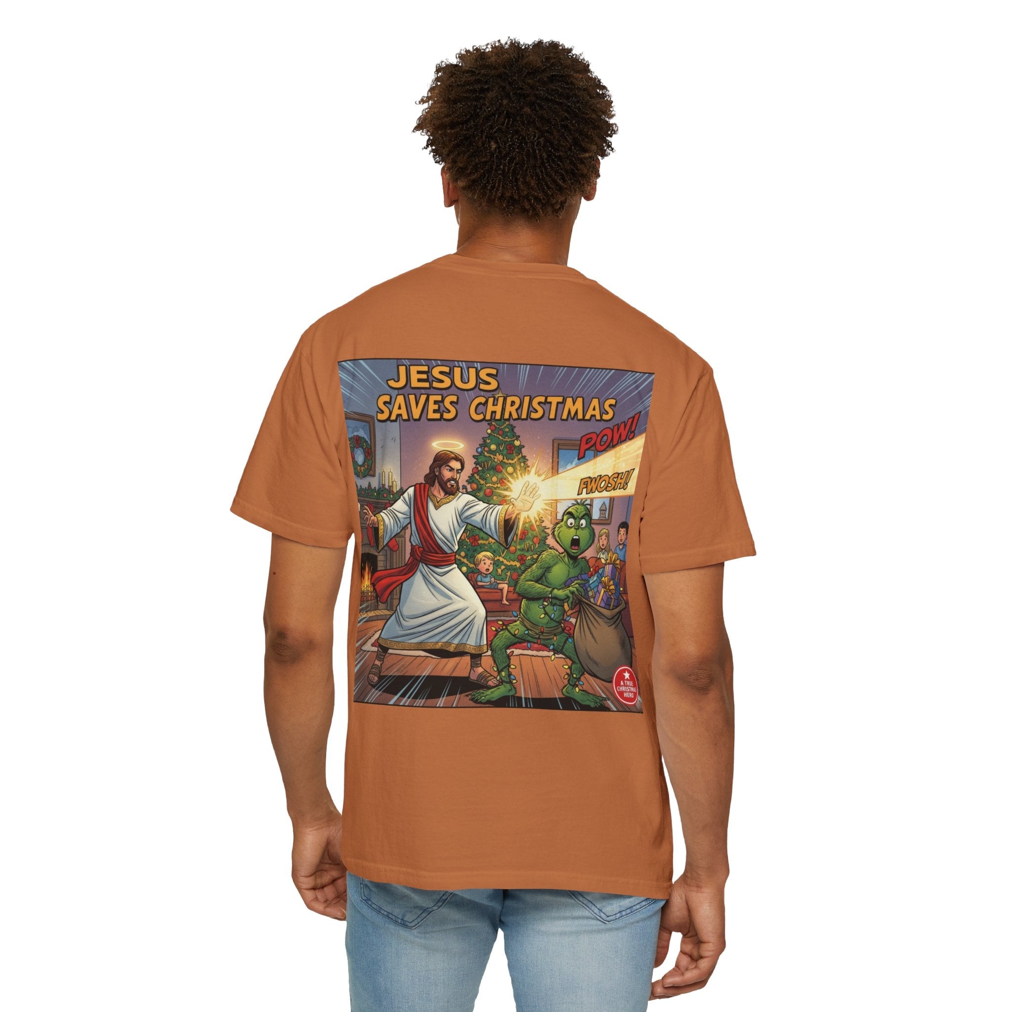 Jesus Saves Christmas T-shirt – Grinch vs Savior Light Battle Christian T-shirt for Hilarious Holiday Faith & True Joy Printify