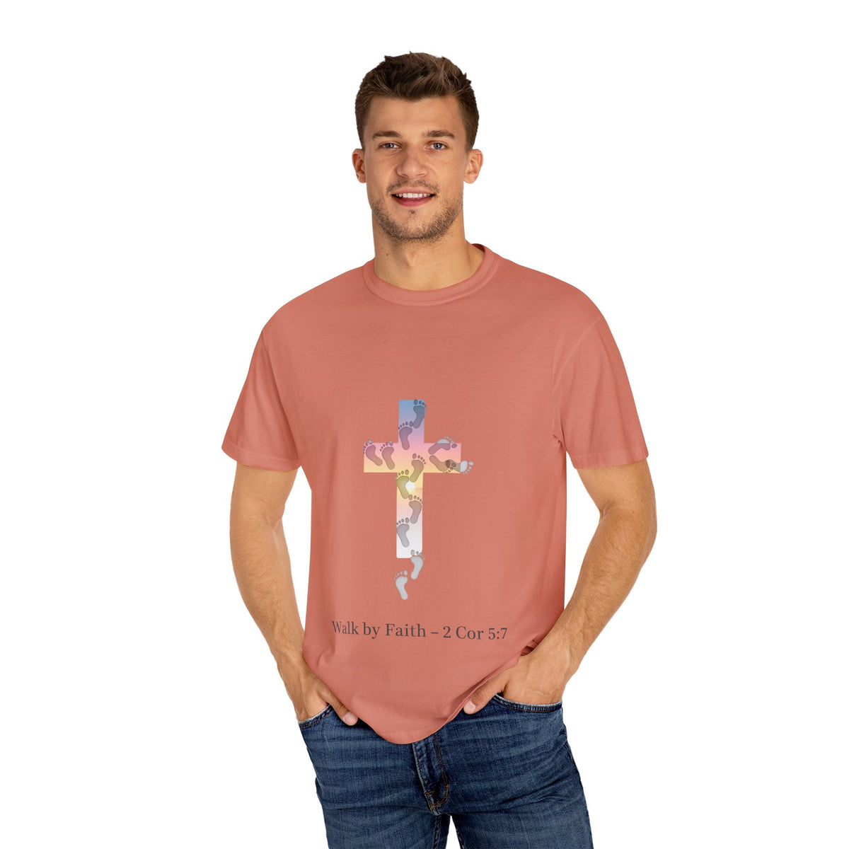 Walk by Faith T-Shirt – Cross & Footprints Christian Tee for Bold Believers Printify