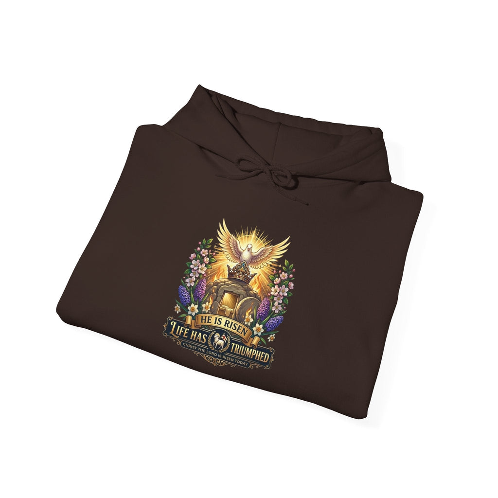 He Is Risen "Life Has Triumphed" Hoodie — Easter Resurrection Christian Hoodie Printify