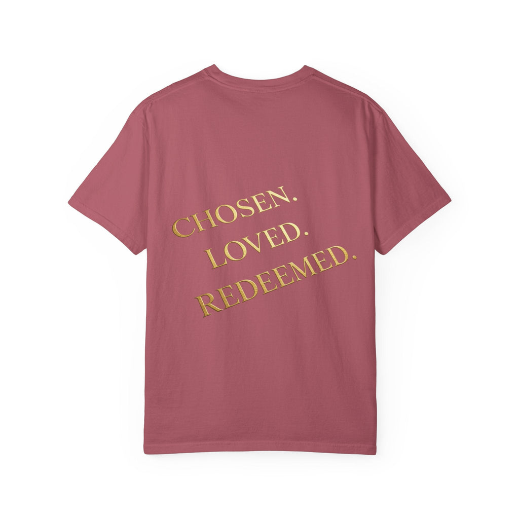 ✨ Chosen. Loved. Redeemed. – Elegant Christian T-Shirt | Gold Foil Faith Tee | Subtle Cross & Heart Design | Inspirational Bible Verse Apparel by Uplifted Gear Printify