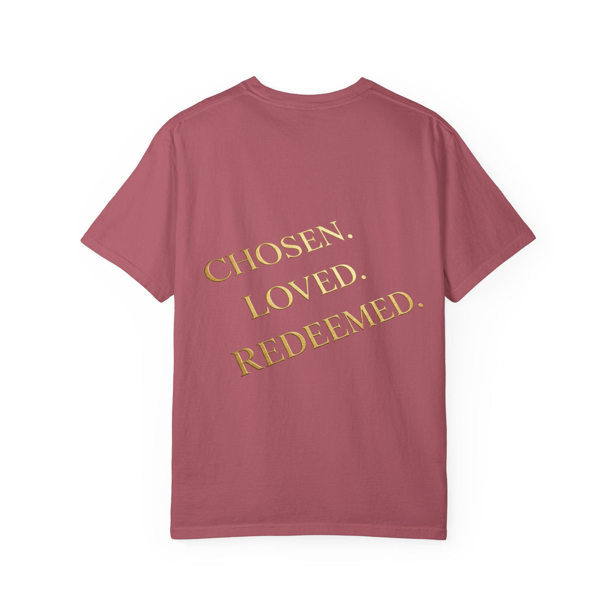 ✨ Chosen. Loved. Redeemed. – Elegant Christian T-Shirt | Gold Foil Faith Tee | Subtle Cross & Heart Design | Inspirational Bible Verse Apparel by Uplifted Gear Printify