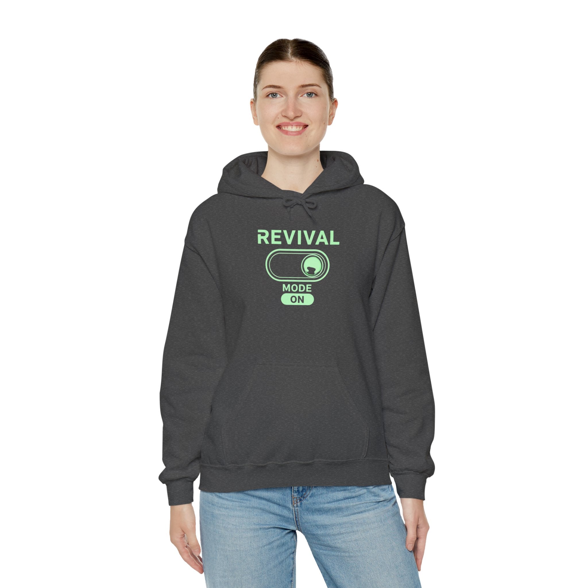🔥 Revival Mode: ON – Christian Techwear Hoodie | Glowing Green Faith Switch | Futuristic Jesus Shirt | Activate Your Spiritual Awakening | Uplifted Gear Printify