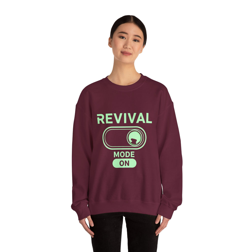 🔥 Revival Mode: ON – Christian Techwear Sweatshirt | Glowing Green Faith Switch | Futuristic Jesus Shirt | Activate Your Spiritual Awakening | Uplifted Gear Printify
