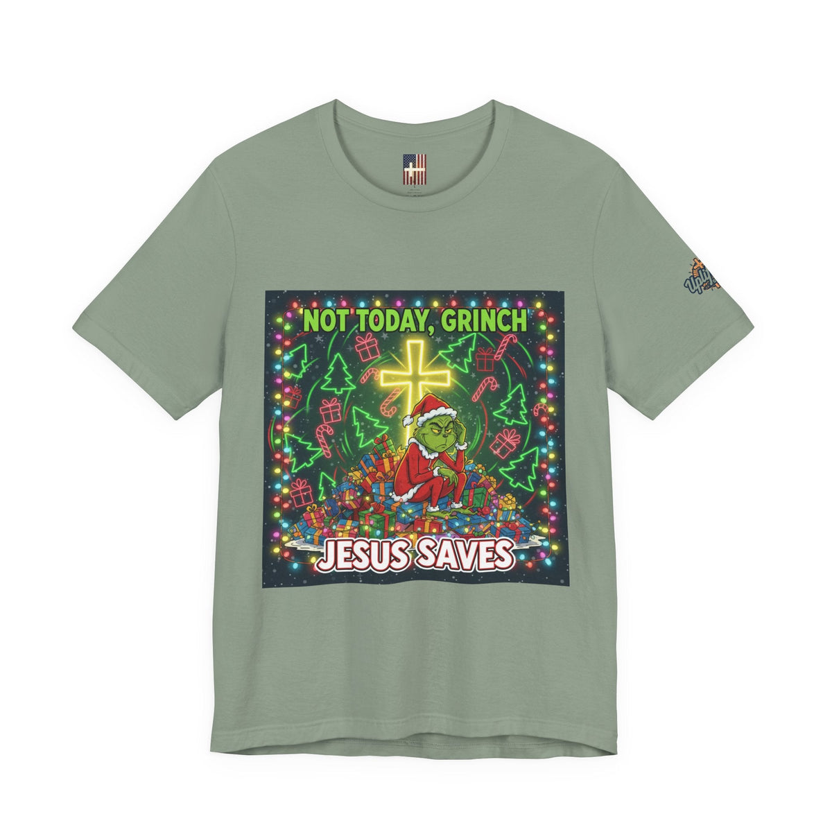 🎄 Not Today, Grinch – Jesus Saves | Funny Christian Christmas T-Shirt | Festive Green & Red Cartoon Style | Bold Faith Holiday Tee by Uplifted Gear Printify
