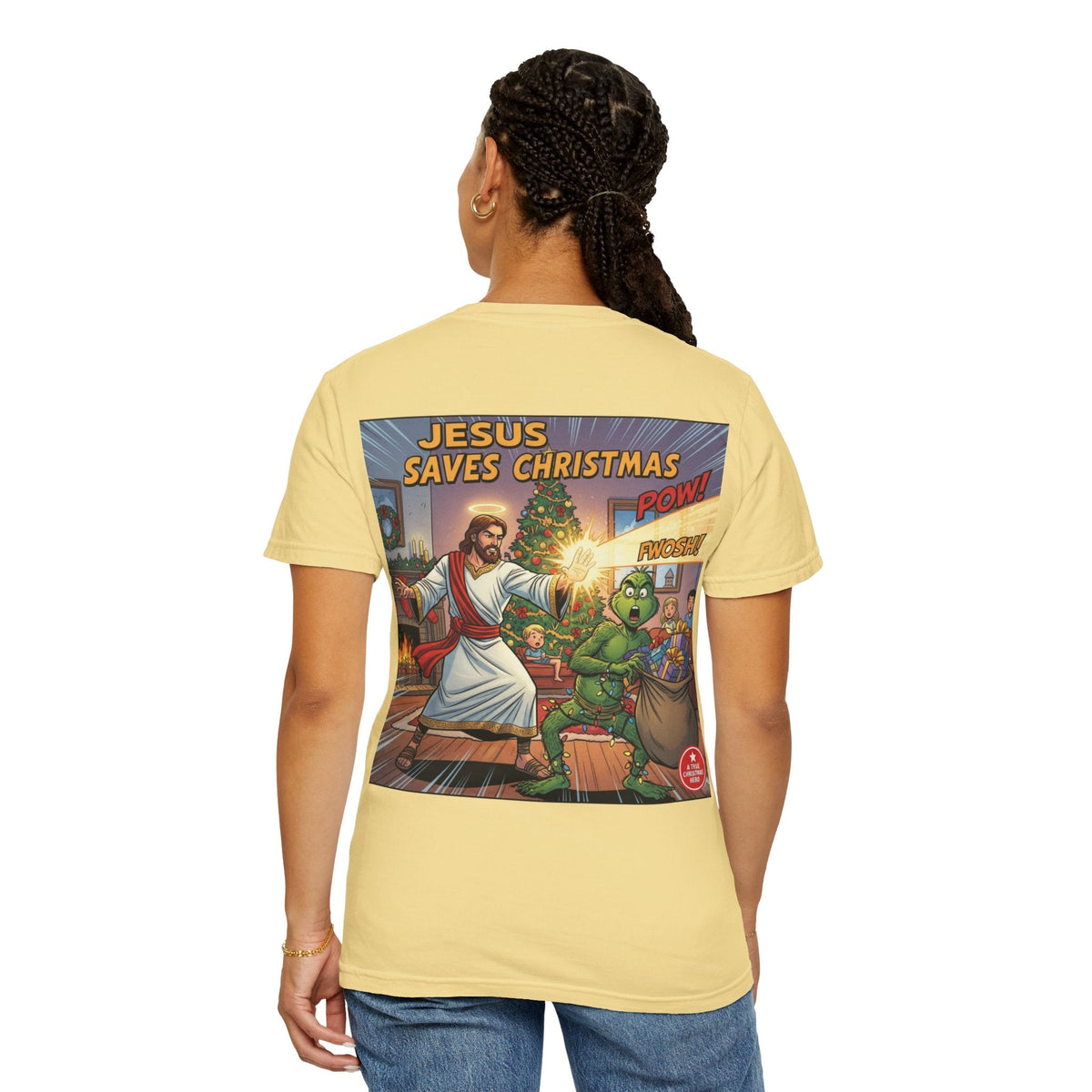 Jesus Saves Christmas T-shirt – Grinch vs Savior Light Battle Christian T-shirt for Hilarious Holiday Faith & True Joy Printify