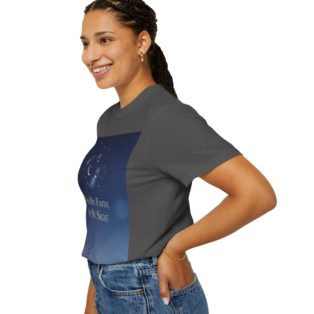 Walk by Faith, Not by Sight T-Shirt – Footprints in the Sand Christian Moonlit Tee Printify