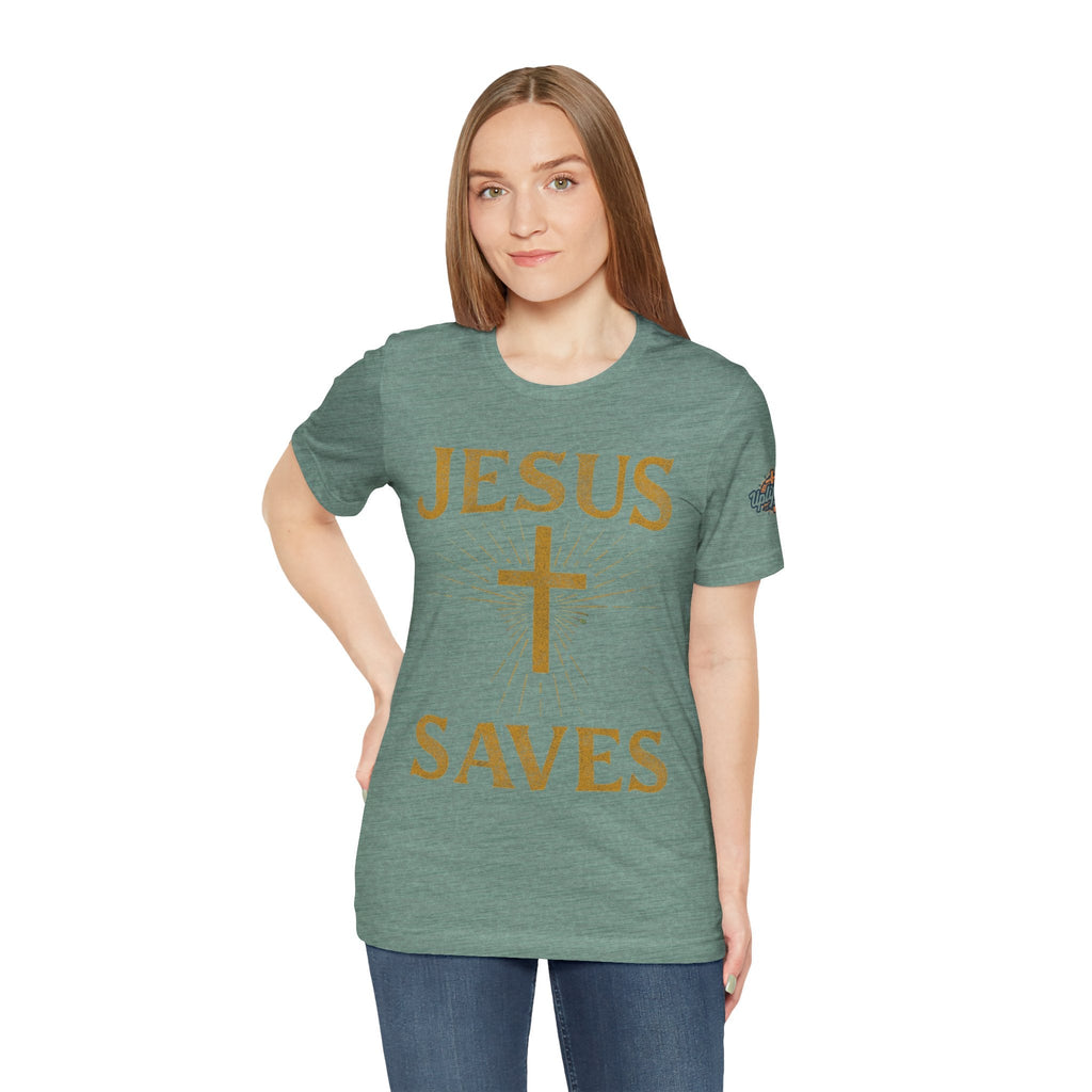 Jesus Saves T-shirt – Radiant Cross & Rays of Light Christian T-shirt for Eternal Hope & Faith Printify