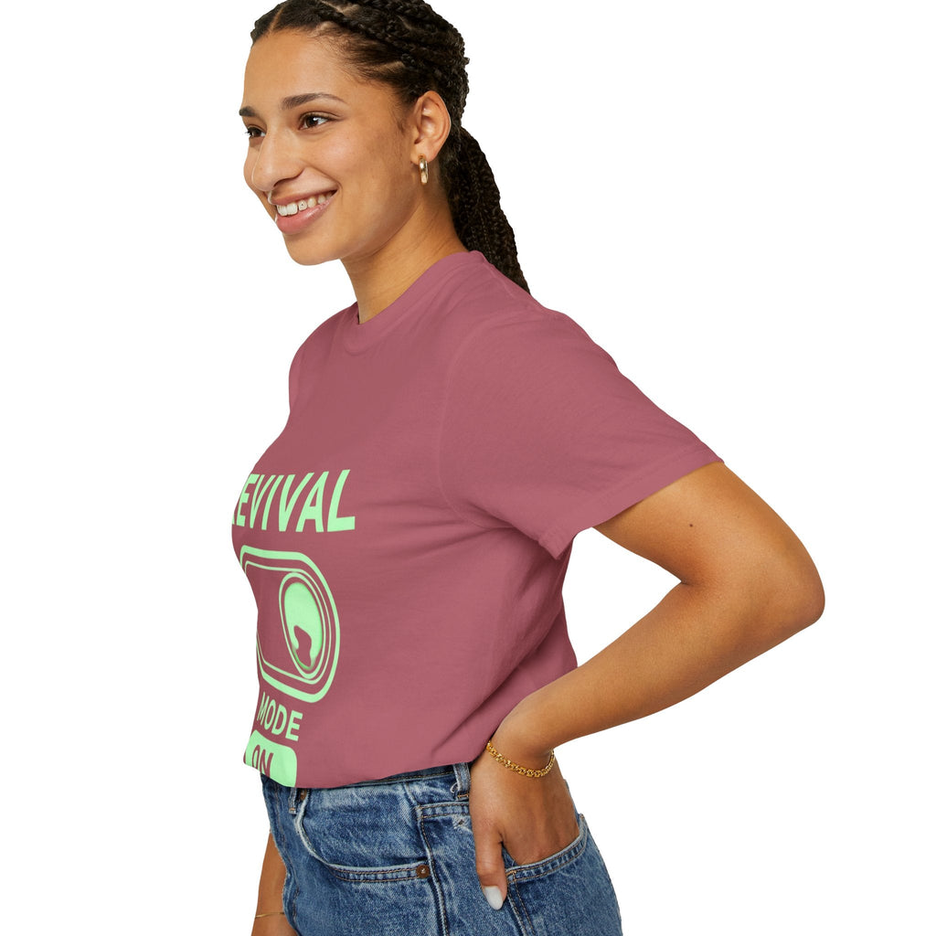 🔥 Revival Mode: ON – Christian Techwear T-Shirt | Glowing Green Faith Switch | Futuristic Jesus Shirt | Activate Your Spiritual Awakening | Uplifted Gear Printify