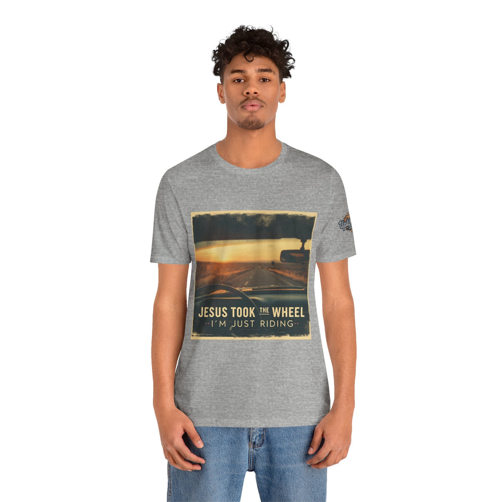 Jesus Took the Wheel I'm Just Riding T-shirt – Funny Christian Convertible Car T-shirt for Surrendered Faith & Humor Printify