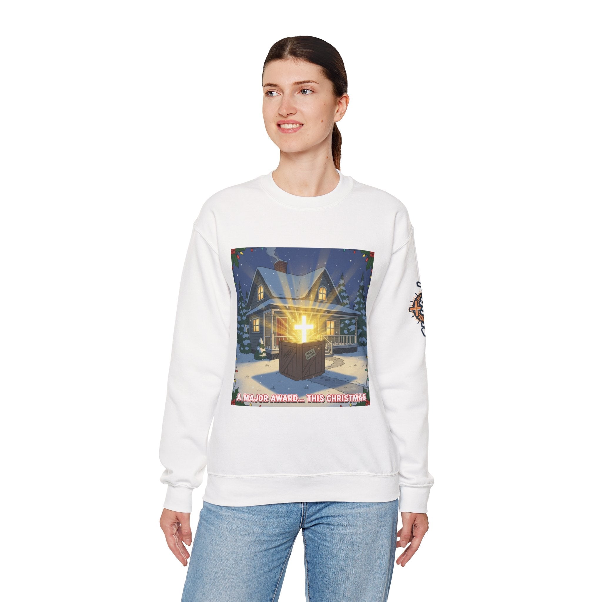 A Major Award This Christmas Sweatshirt – Fragile Leg Lamp Parody Cross Unboxing Christian Sweatshirt for Hilarious Faith & Holiday Glow Printify