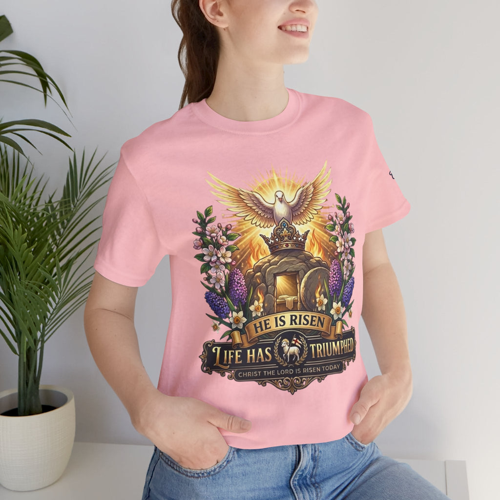 He Is Risen "Life Has Triumphed" T-Shirt — Easter Resurrection Christian Tee Printify