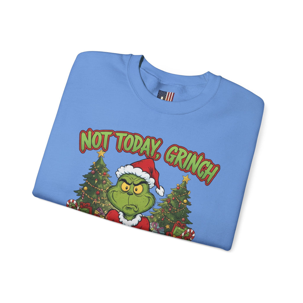 🎄 Not Today, Grinch – Jesus Saves | Funny Christian Christmas Sweatshirt | Sulking Grinch & Glowing Cross | Bold Neon Faith Tee by Uplifted Gear Printify