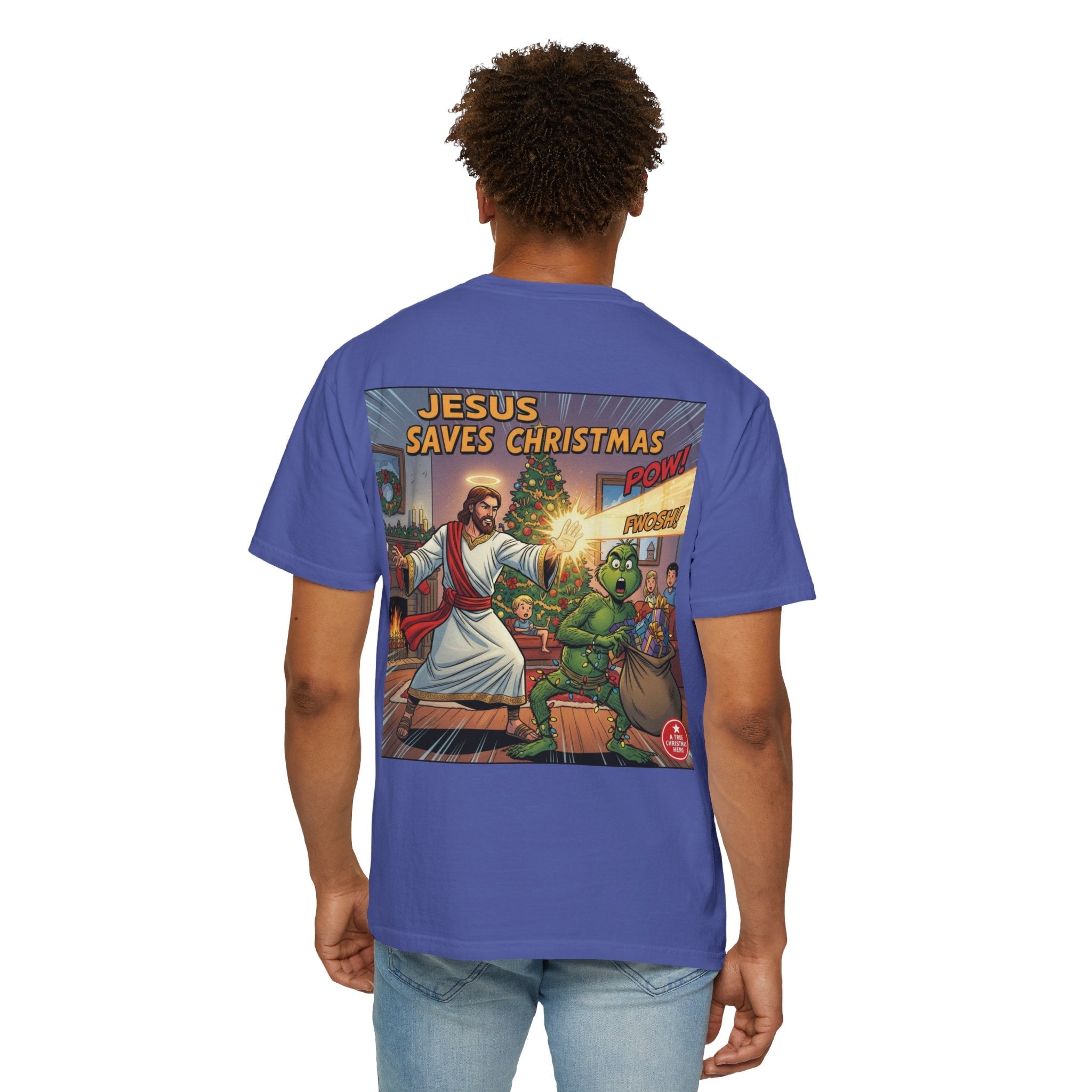 Jesus Saves Christmas T-shirt – Grinch vs Savior Light Battle Christian T-shirt for Hilarious Holiday Faith & True Joy Printify
