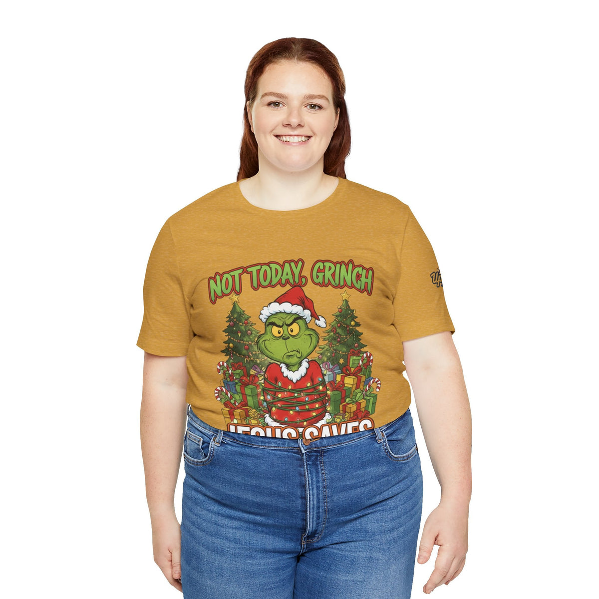 🎄 Not Today, Grinch – Jesus Saves | Funny Christian Christmas T-Shirt | Sulking Grinch & Glowing Cross | Bold Neon Faith Tee by Uplifted Gear Printify