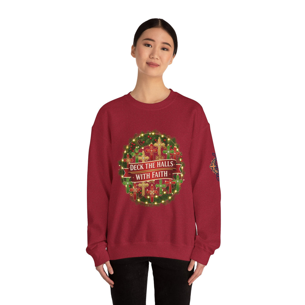 🎄 Deck the Halls with Faith – Christian Christmas Sweatshirt | Cross Ornament Design & Festive Garland | Bold Holiday Faith Tee by Uplifted Gear Printify