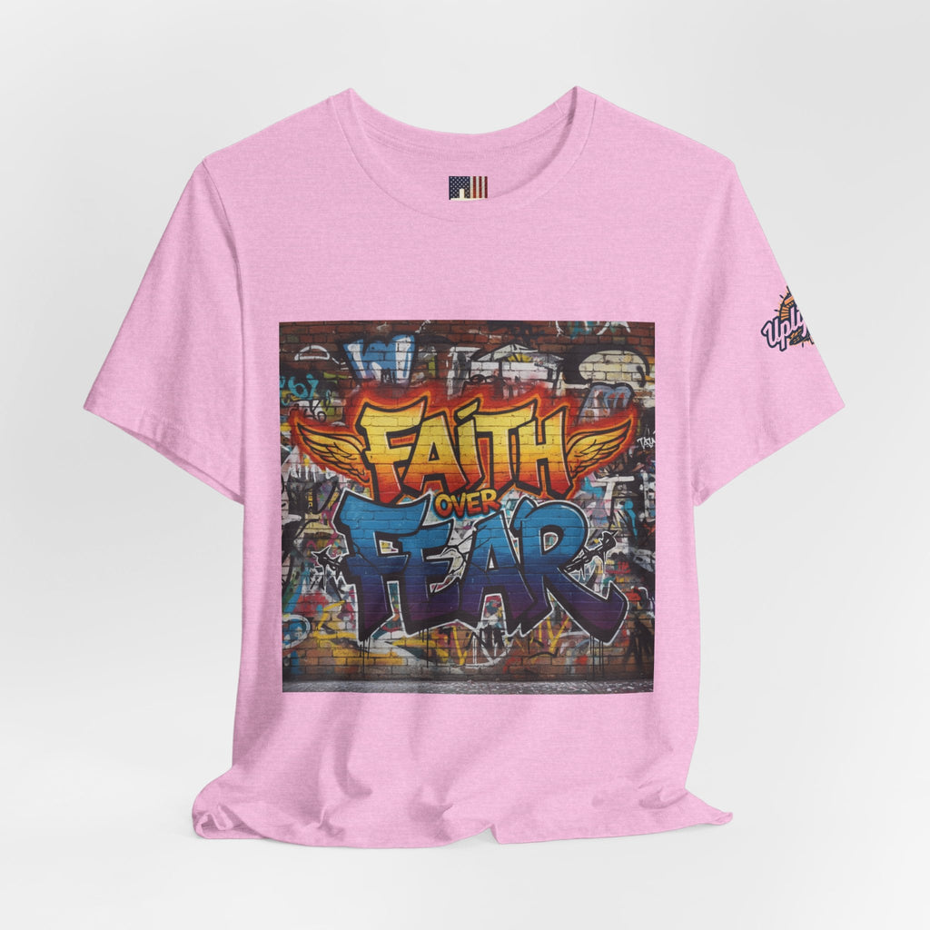 Faith Over Fear T-shirt – Graffiti Wall Christian T-shirt for Bold 2 Corinthians 5:7 Streetwear & Unshakable Faith Printify
