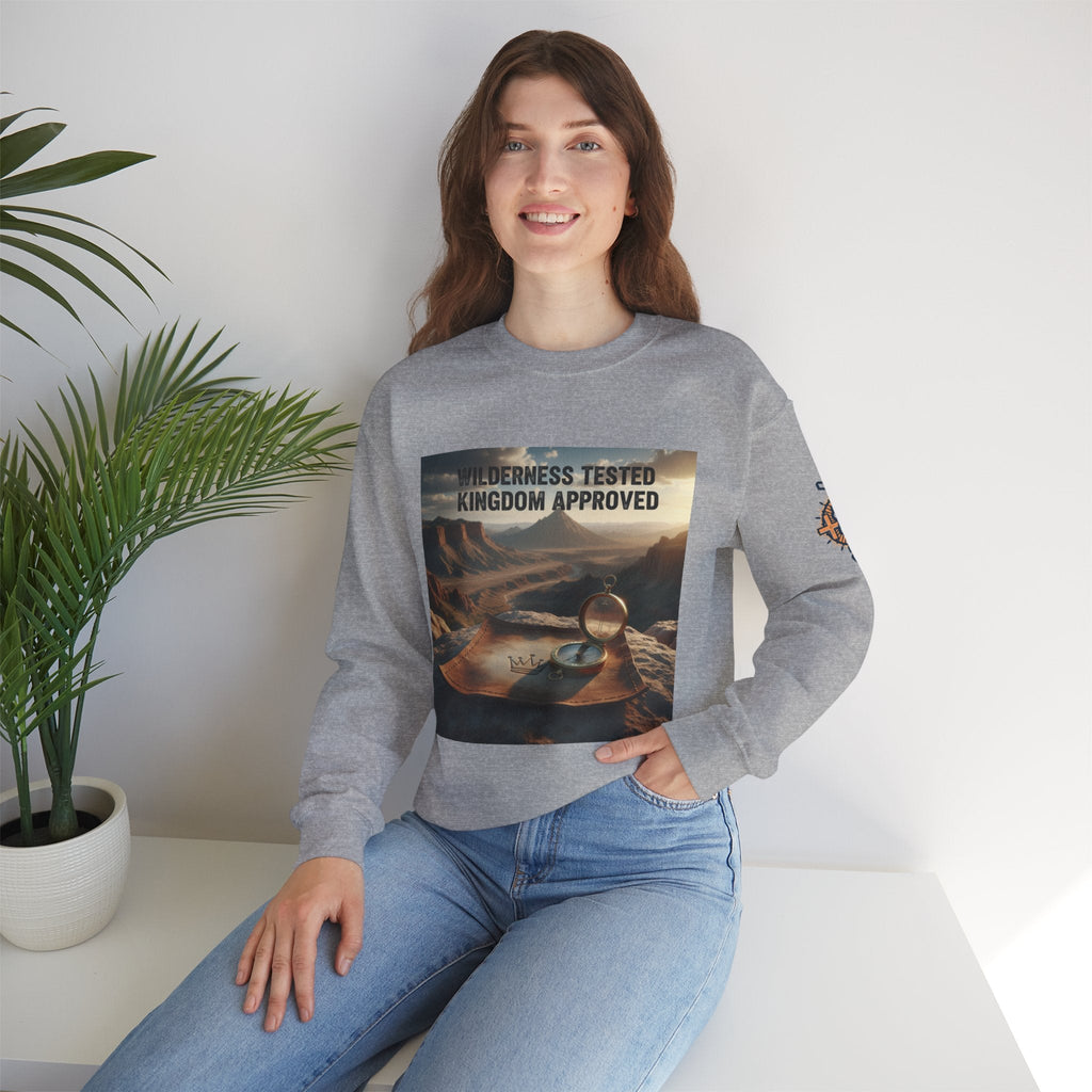 Wilderness Tested Kingdom Approved Sweatshirt – Mountain Desert Compass Crown Christian Sweatshirt for Biblical Adventure Faith Printify