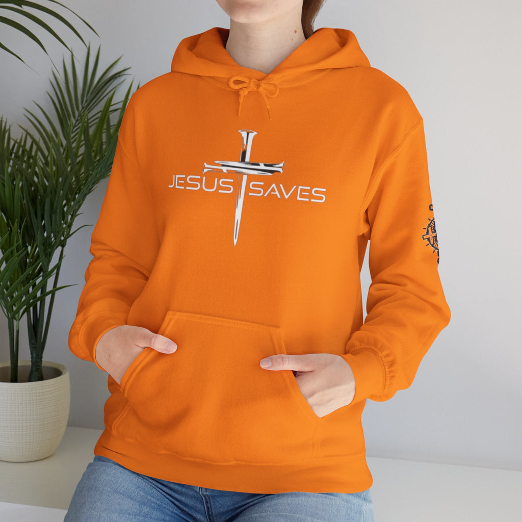 Jesus Saves Hoodie – 3 Nails Crucifix Cross Christian Sweatshirt for Redemption Faith & Bold Salvation Printify