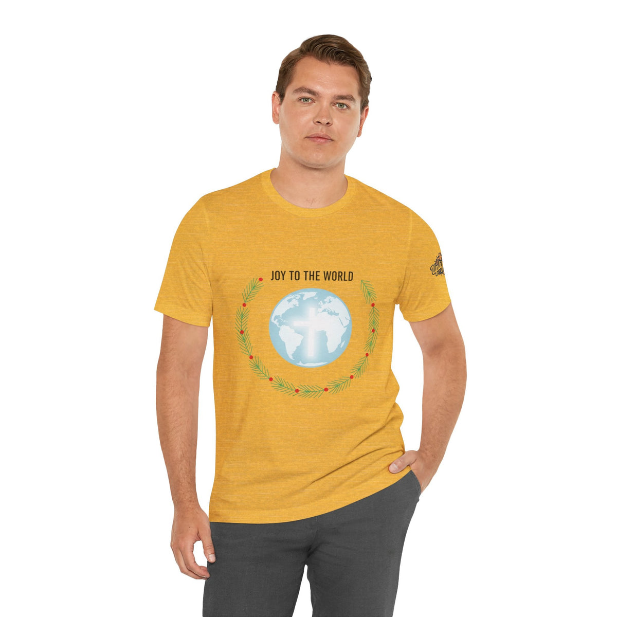 Joy to the World T-shirt – Wreath Earth Nativity Christian Christmas T-shirt for Isaiah 9:6 Holiday Faith & Festive Joy Printify