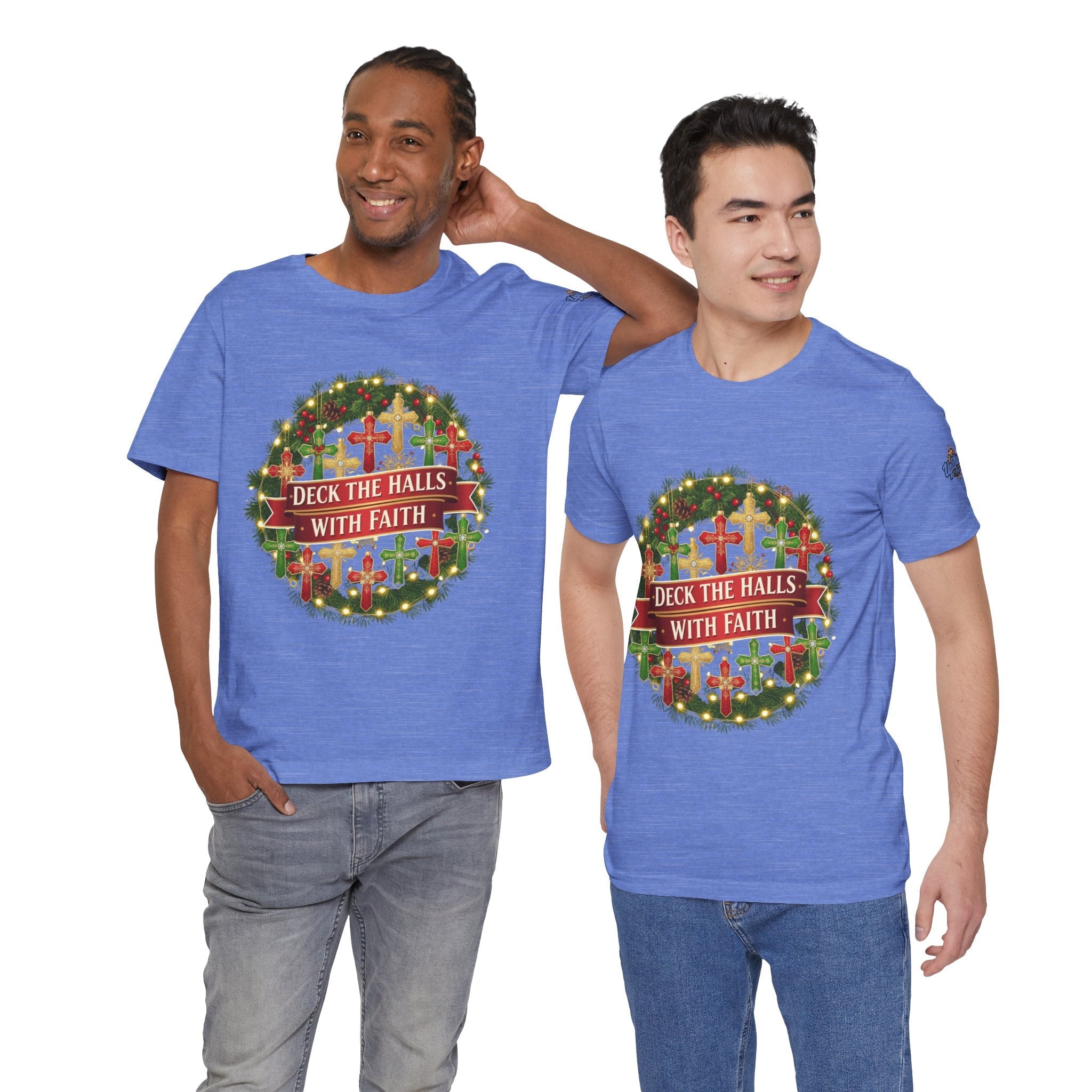 🎄 Deck the Halls with Faith – Christian Christmas T-Shirt | Cross Ornament Design & Festive Garland | Bold Holiday Faith Tee by Uplifted Gear Printify