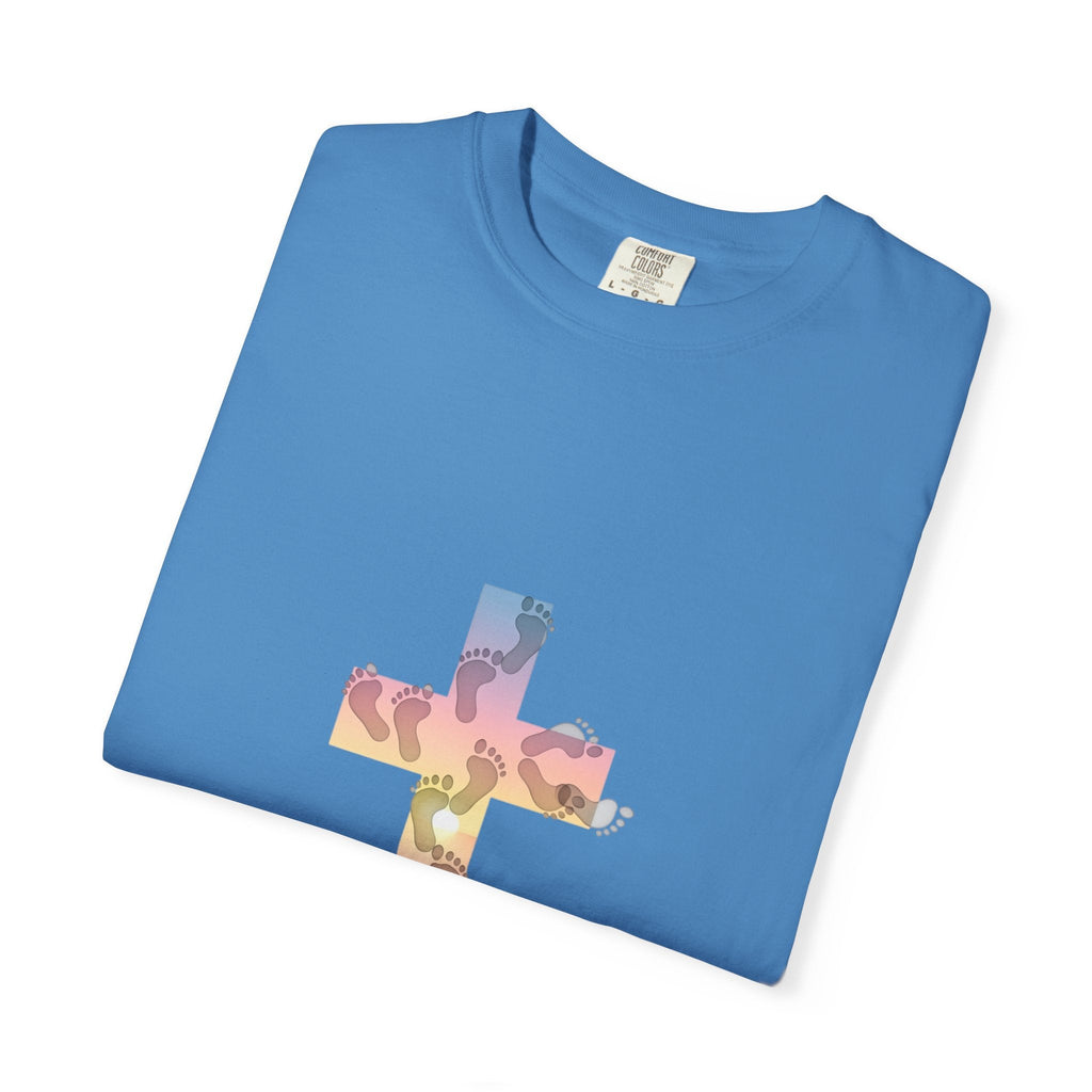 Walk by Faith T-Shirt – Cross & Footprints Christian Tee for Bold Believers Printify