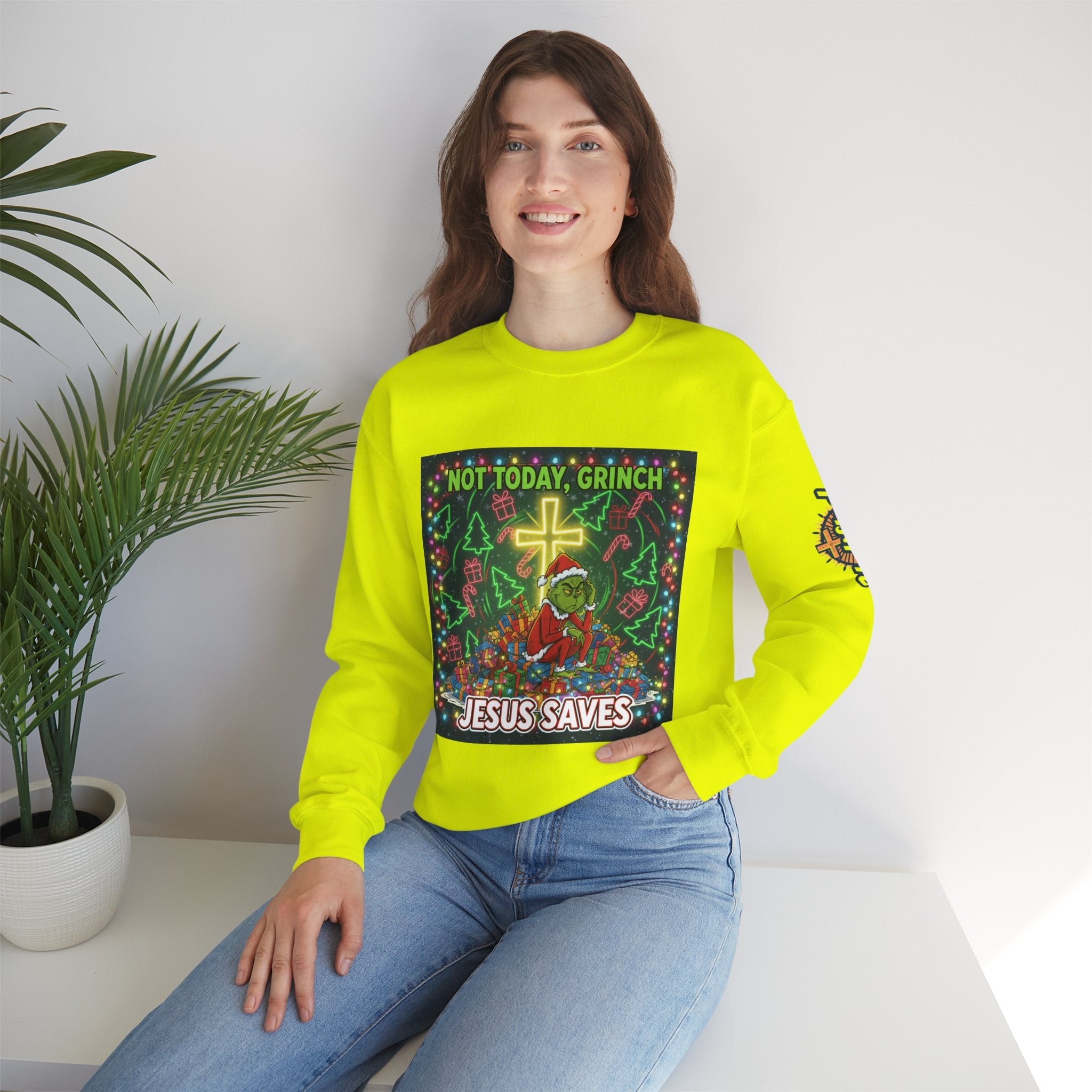 🎄 Not Today, Grinch – Jesus Saves | Funny Christian Christmas Sweatshirt | Festive Green & Red Cartoon Style | Bold Faith Holiday Tee by Uplifted Gear Printify