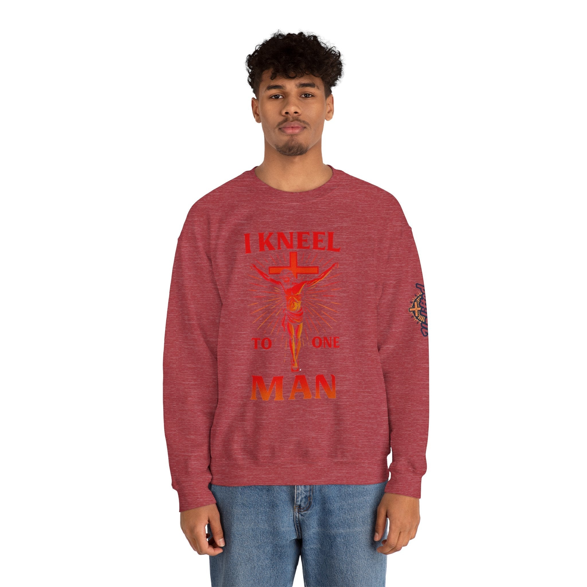 I Kneel to One Man Sweatshirt – Crucifixion Christian Sweatshirt for Unashamed Devotion & Bold Faith Printify