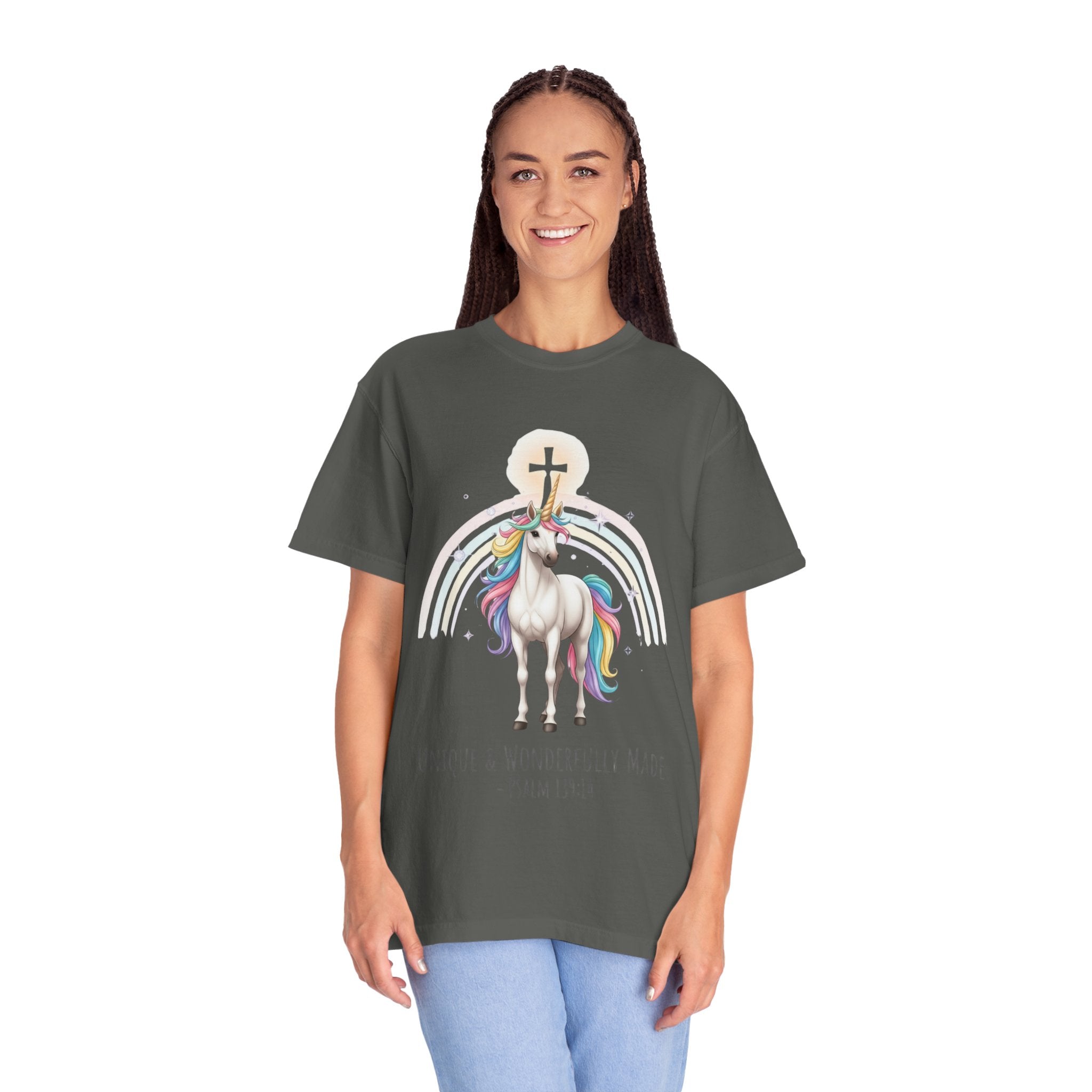 Unique Unicorn Christian T-Shirt – Wonderfully Made with Rainbow Cross & Psalm 139:14 Printify