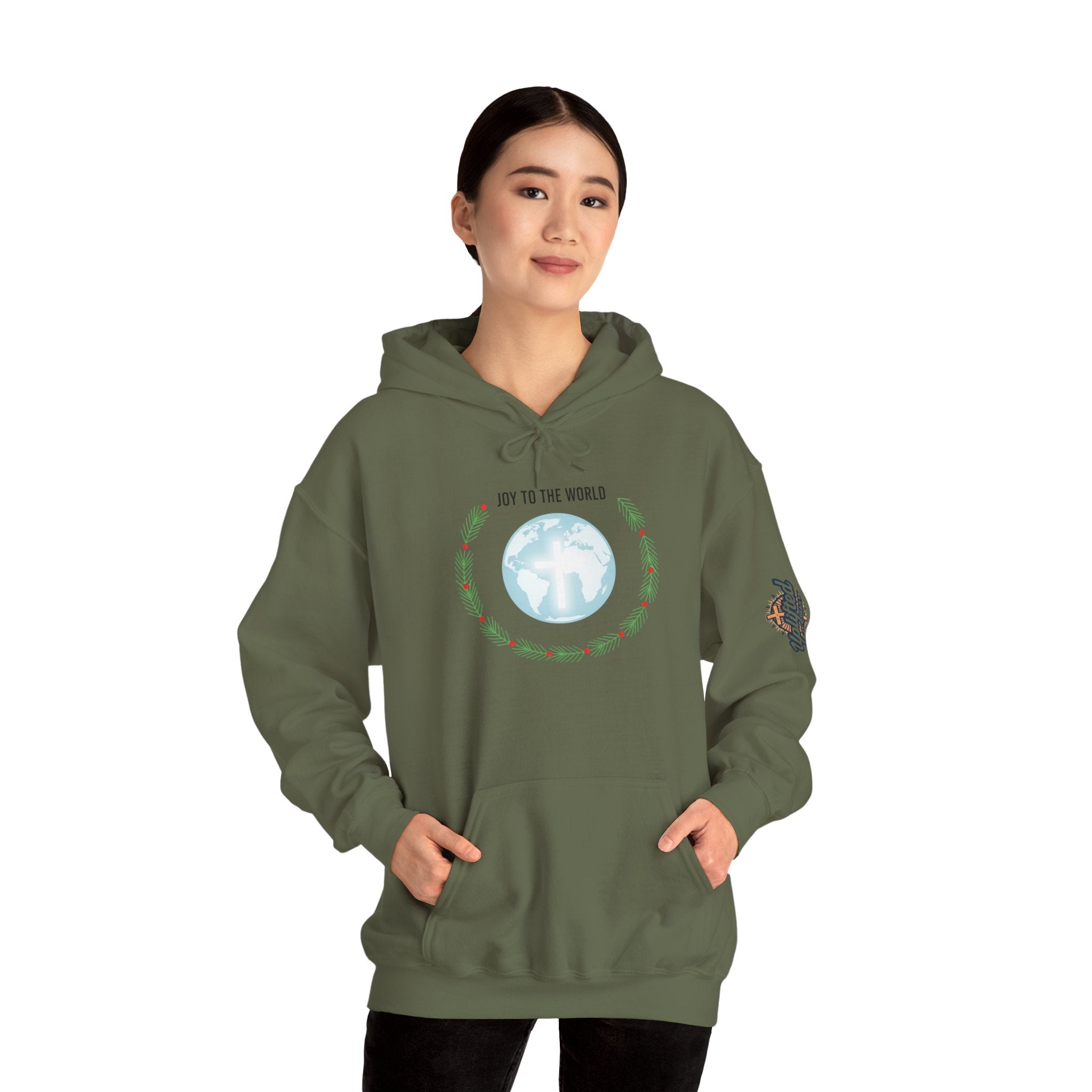 Joy to the World Hoodie – Wreath Earth Nativity Christian Christmas Sweatshirt for Isaiah 9:6 Holiday Faith & Festive Joy Printify
