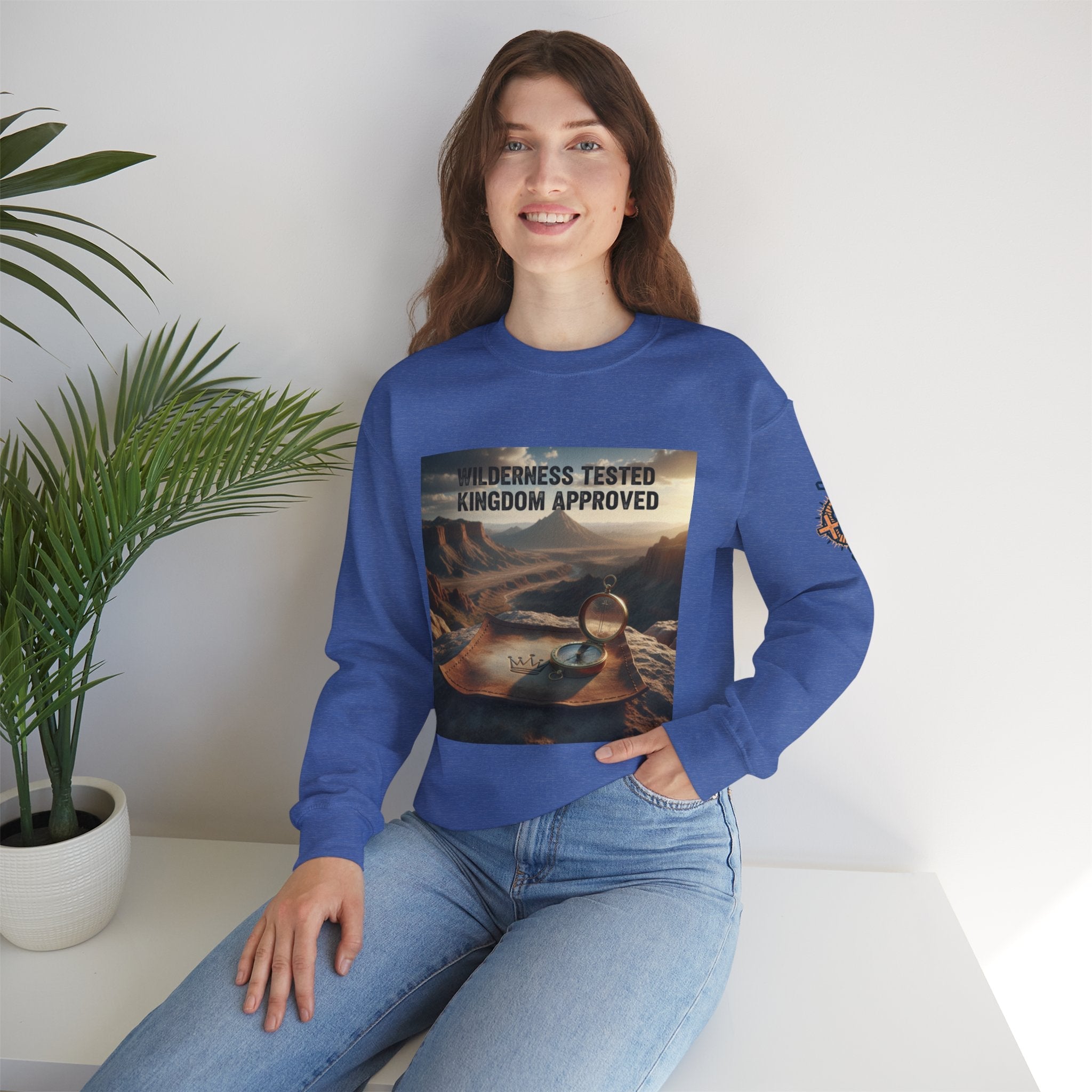 Wilderness Tested Kingdom Approved Sweatshirt – Mountain Desert Compass Crown Christian Sweatshirt for Biblical Adventure Faith Printify