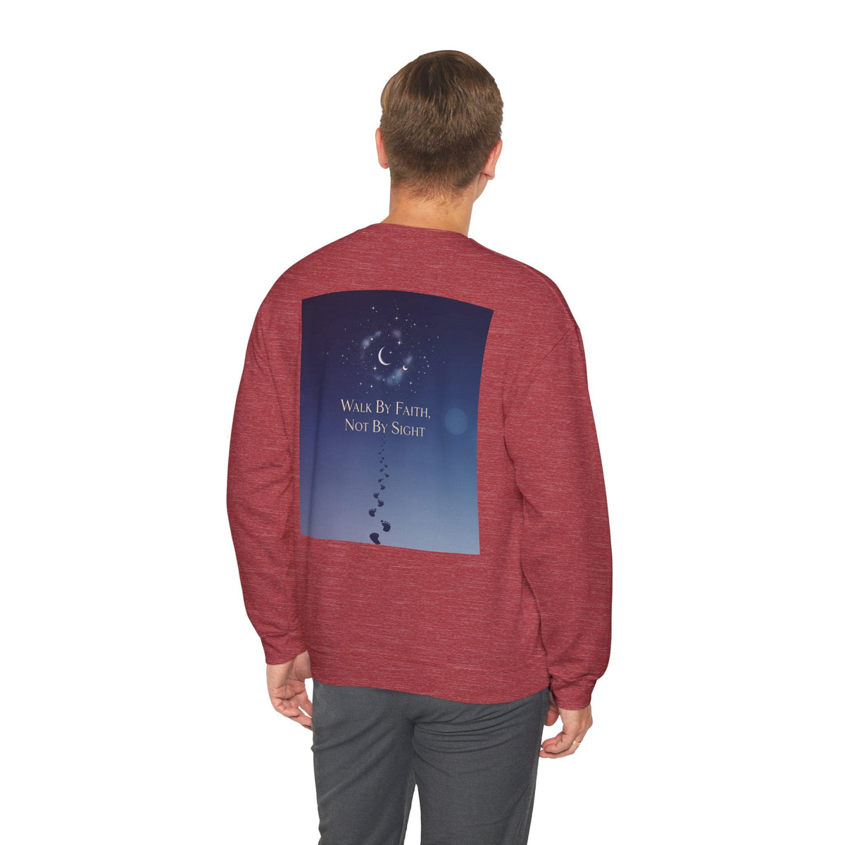 Walk by Faith, Not by Sight Sweatshirt – Moonlit Footprints Christian Sweatshirt for Cozy Nights Printify