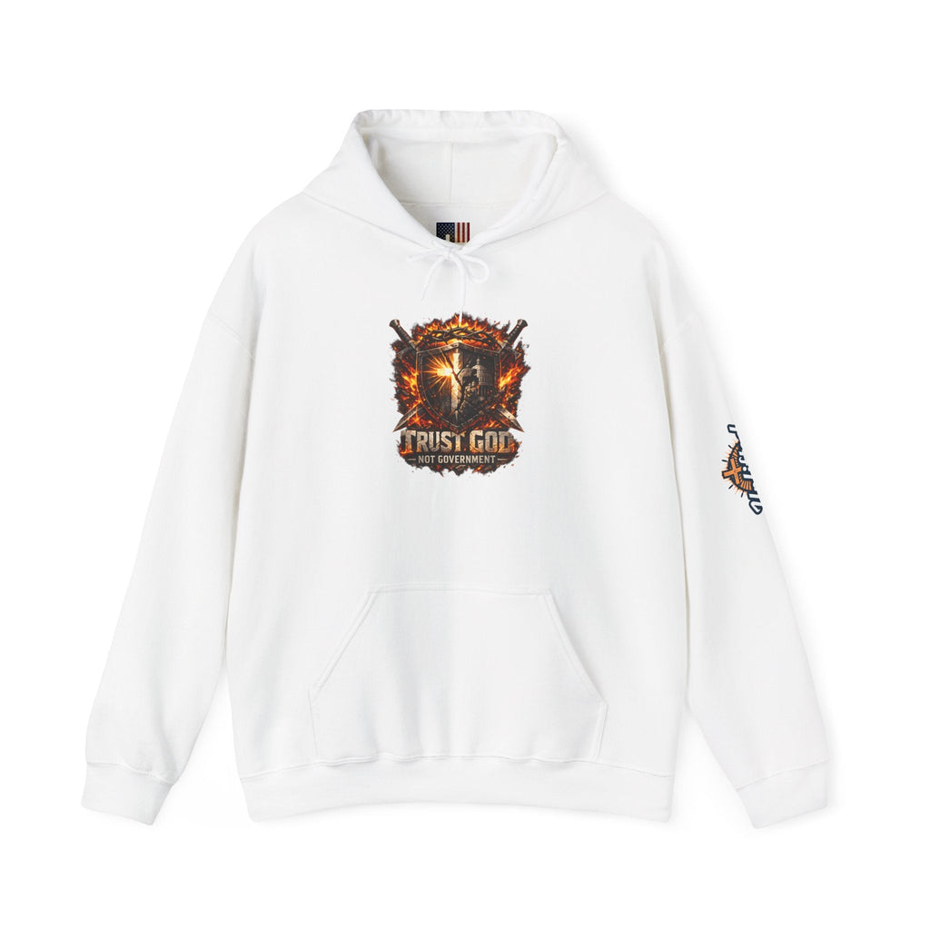Trust God Not Government Shield Hoodie — Patriotic Christian Faith Hoodie Printify