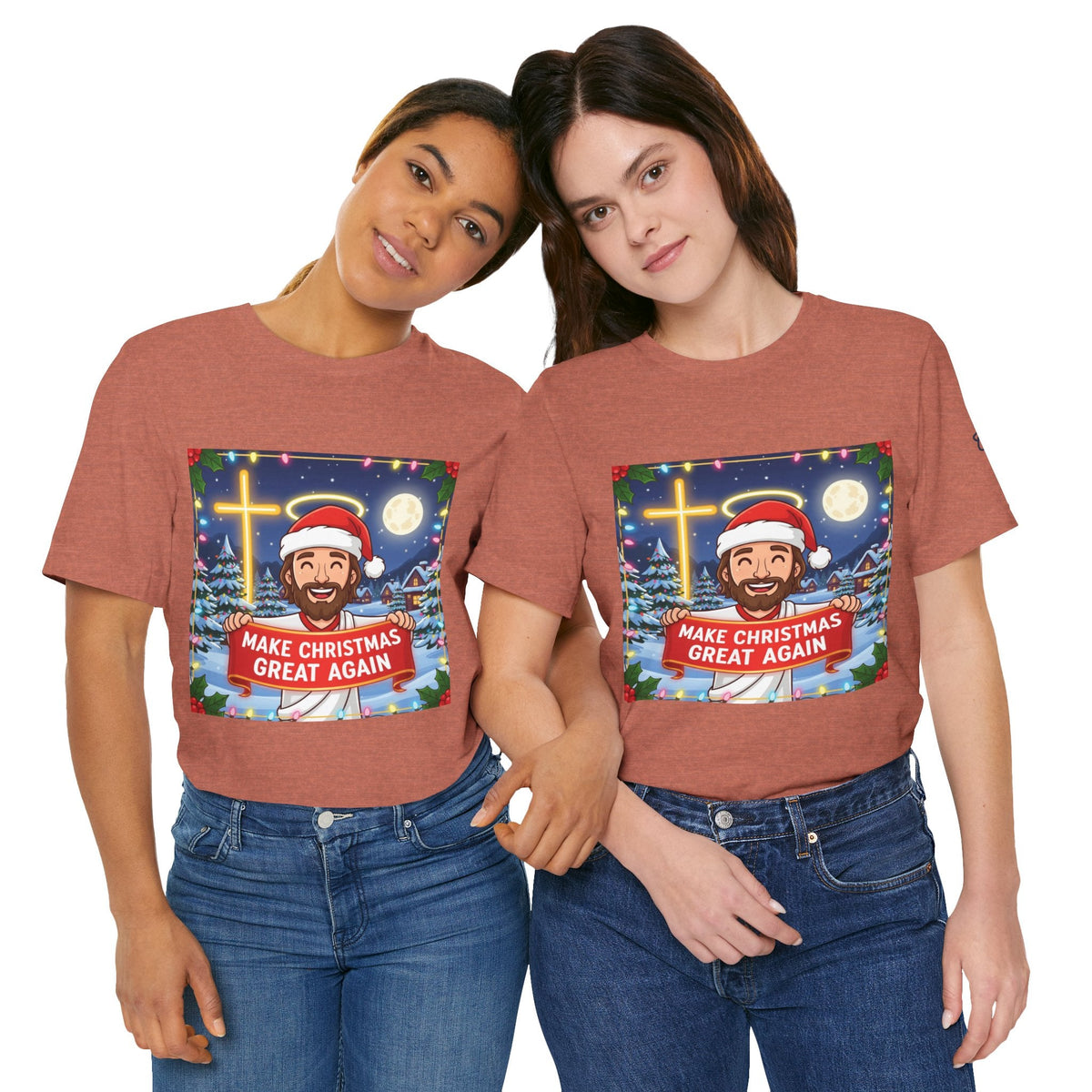 🎄 Make Christmas Great Again – Funny Christian T-Shirt | Jesus Holding Banner | Faith-Based Holiday Parody Tee | Uplifted Gear Printify