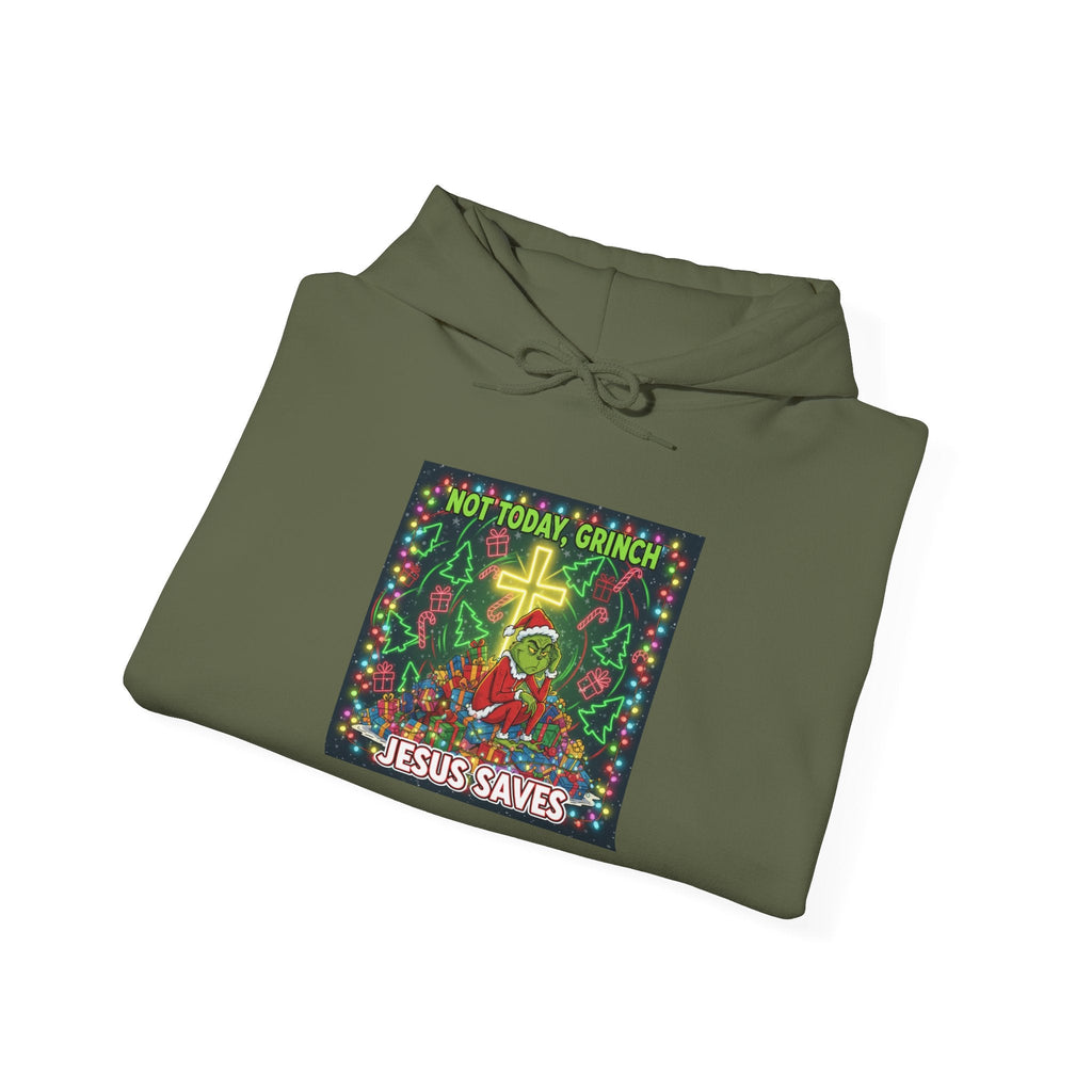 🎄 Not Today, Grinch – Jesus Saves | Funny Christian Christmas Hoodie | Festive Green & Red Cartoon Style | Bold Faith Holiday Tee by Uplifted Gear Printify