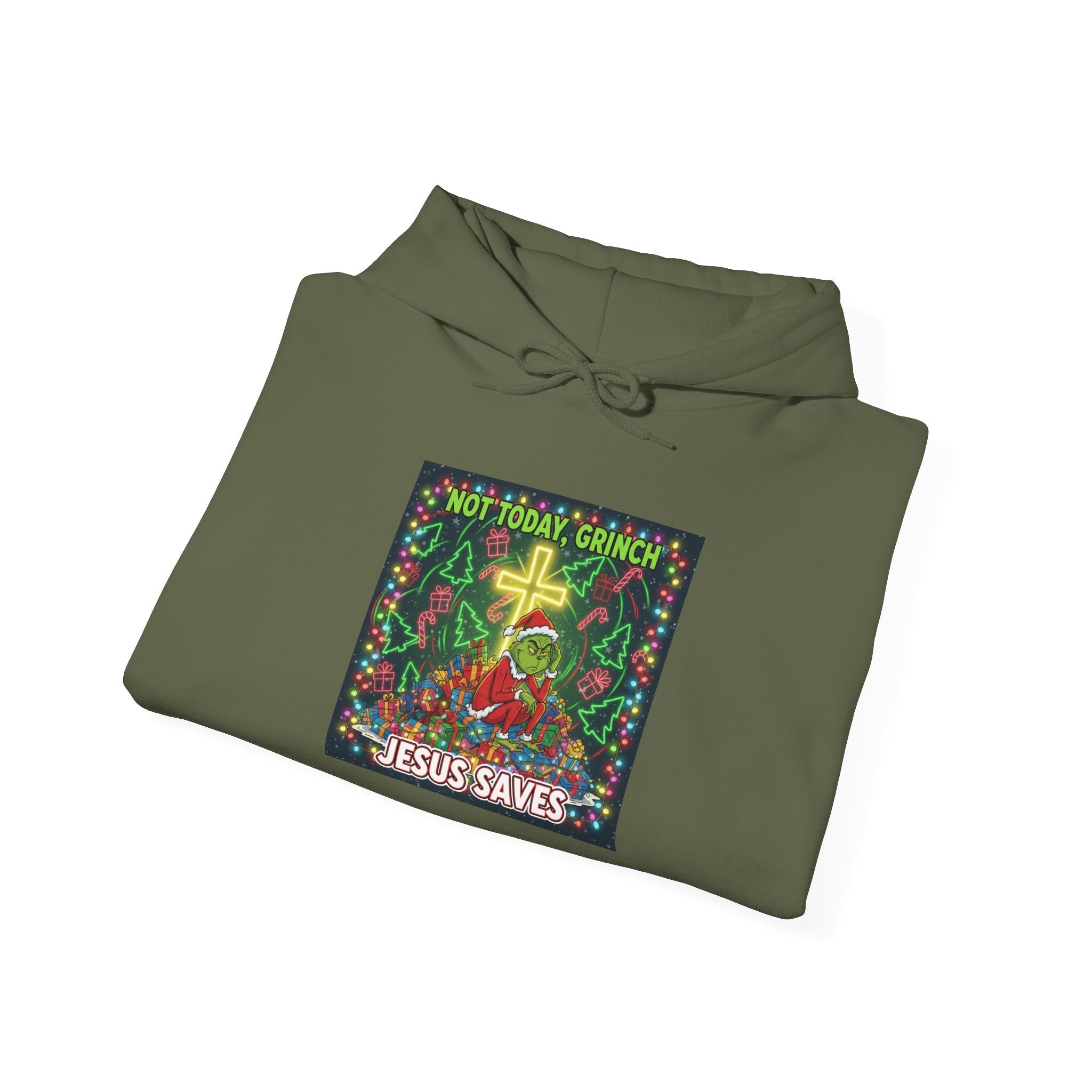 🎄 Not Today, Grinch – Jesus Saves | Funny Christian Christmas Hoodie | Festive Green & Red Cartoon Style | Bold Faith Holiday Tee by Uplifted Gear Printify