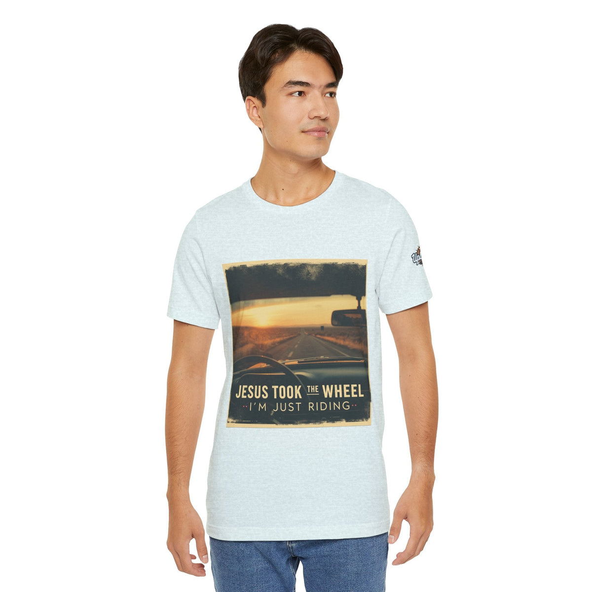 Jesus Took the Wheel I'm Just Riding T-shirt – Funny Christian Convertible Car T-shirt for Surrendered Faith & Humor Printify