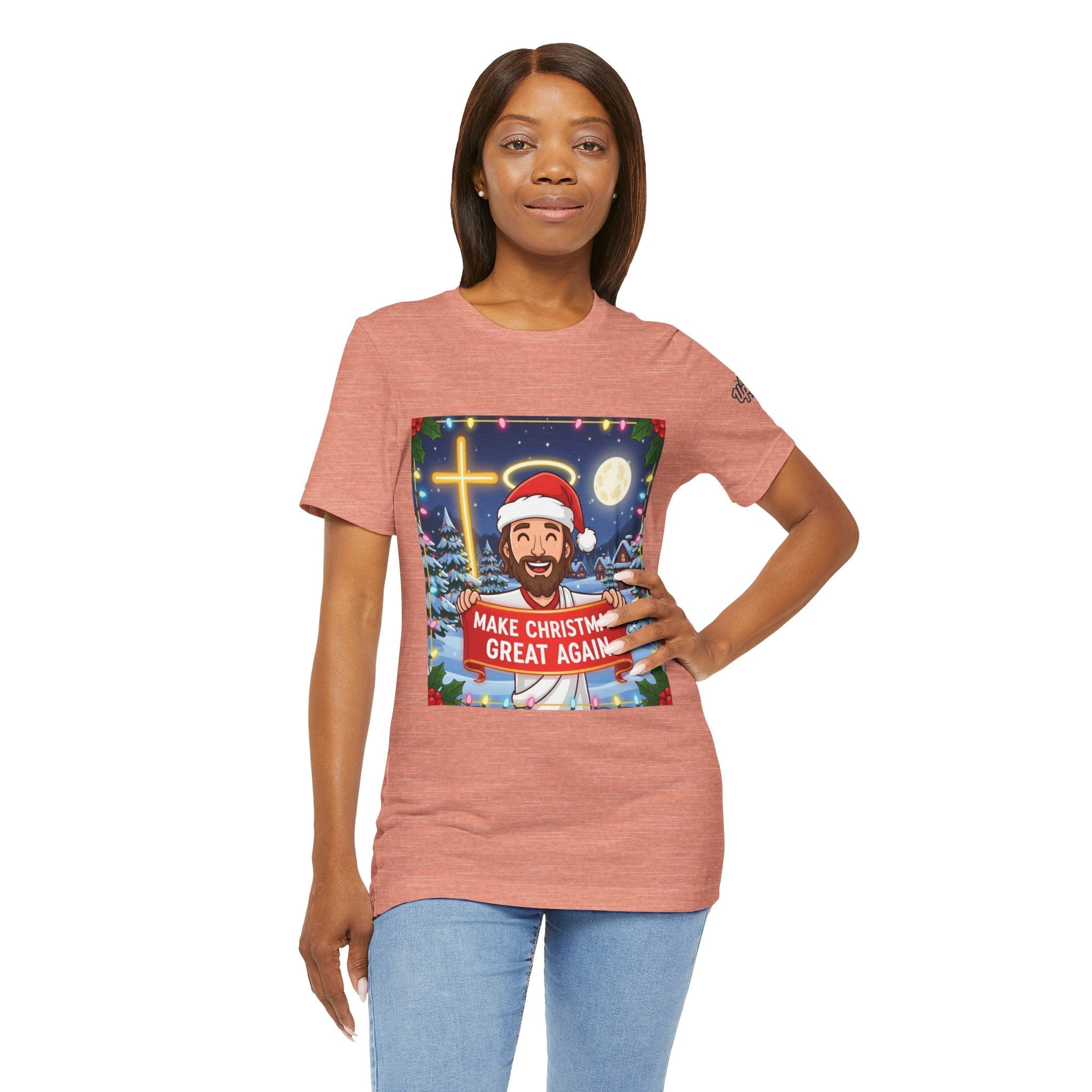 🎄 Make Christmas Great Again – Funny Christian T-Shirt | Jesus Holding Banner | Faith-Based Holiday Parody Tee | Uplifted Gear Printify