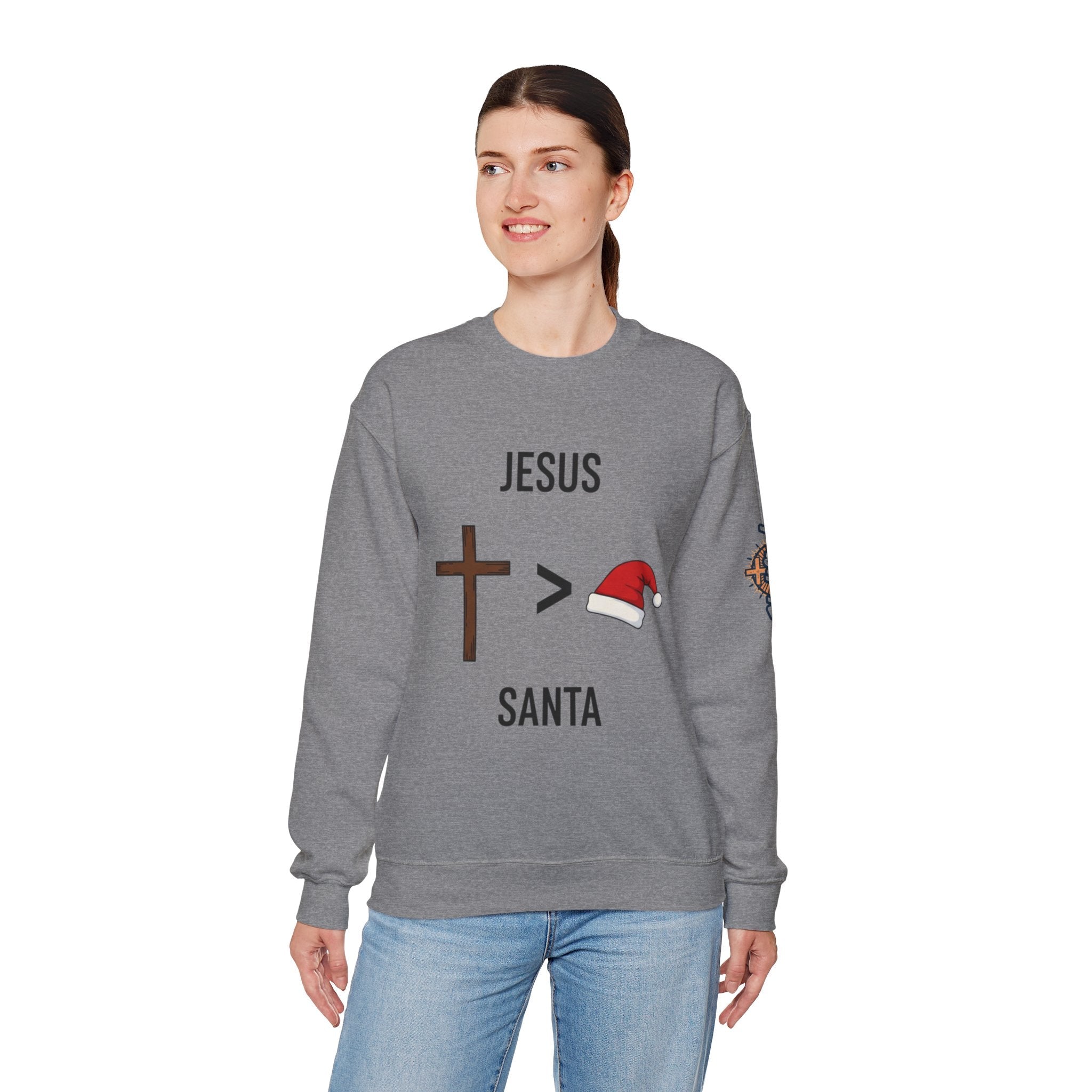 🎄 Jesus > Santa – Minimalist Christian Christmas Sweatshirt | Bold Faith Over Holiday Tee | Cross vs Santa Hat Design | Uplifted Gear Printify