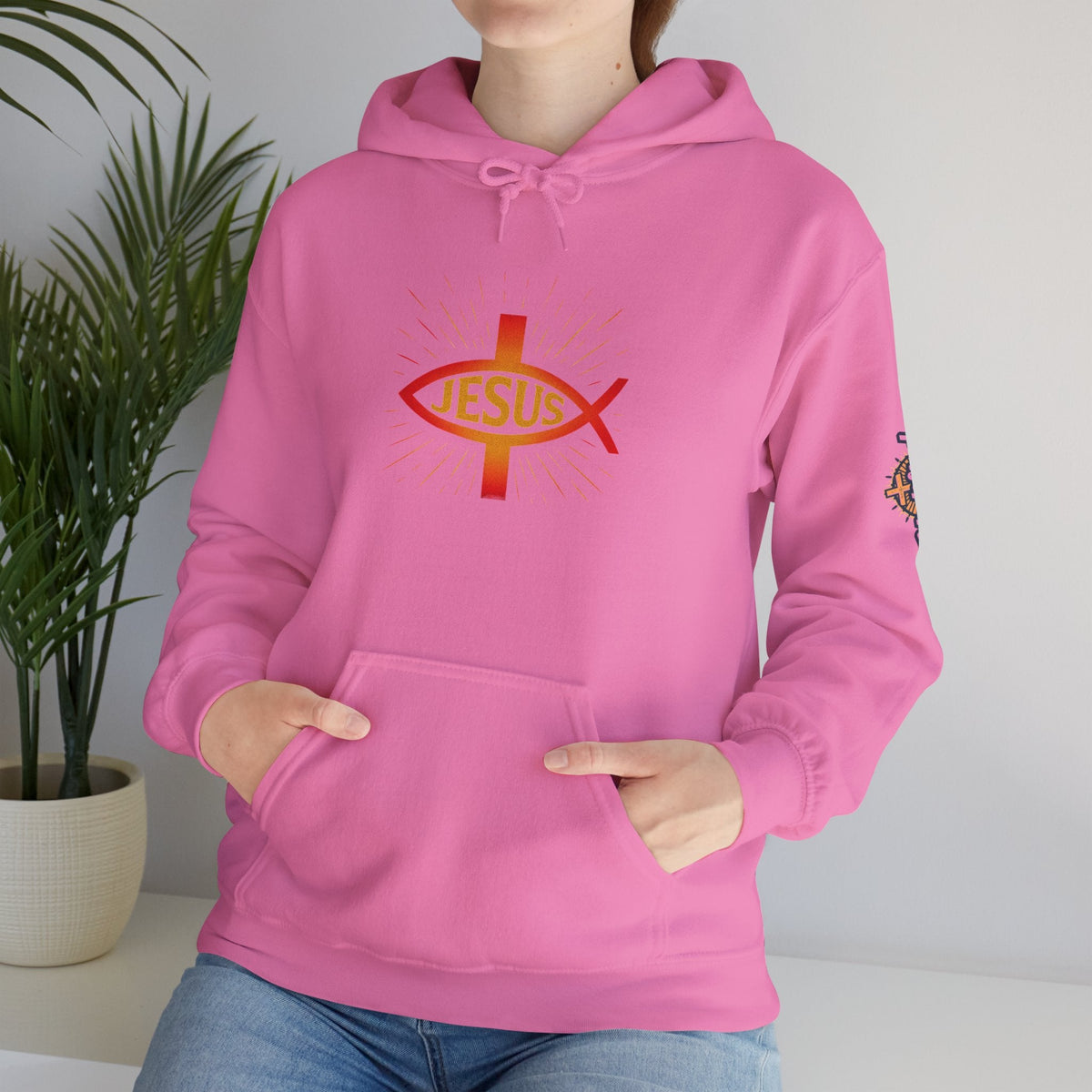 Jesus Ichthys Hoodie – Christian Fish Symbol with Cross & Jesus Inscription Sweatshirt for Eternal Faith & Streetwear Printify