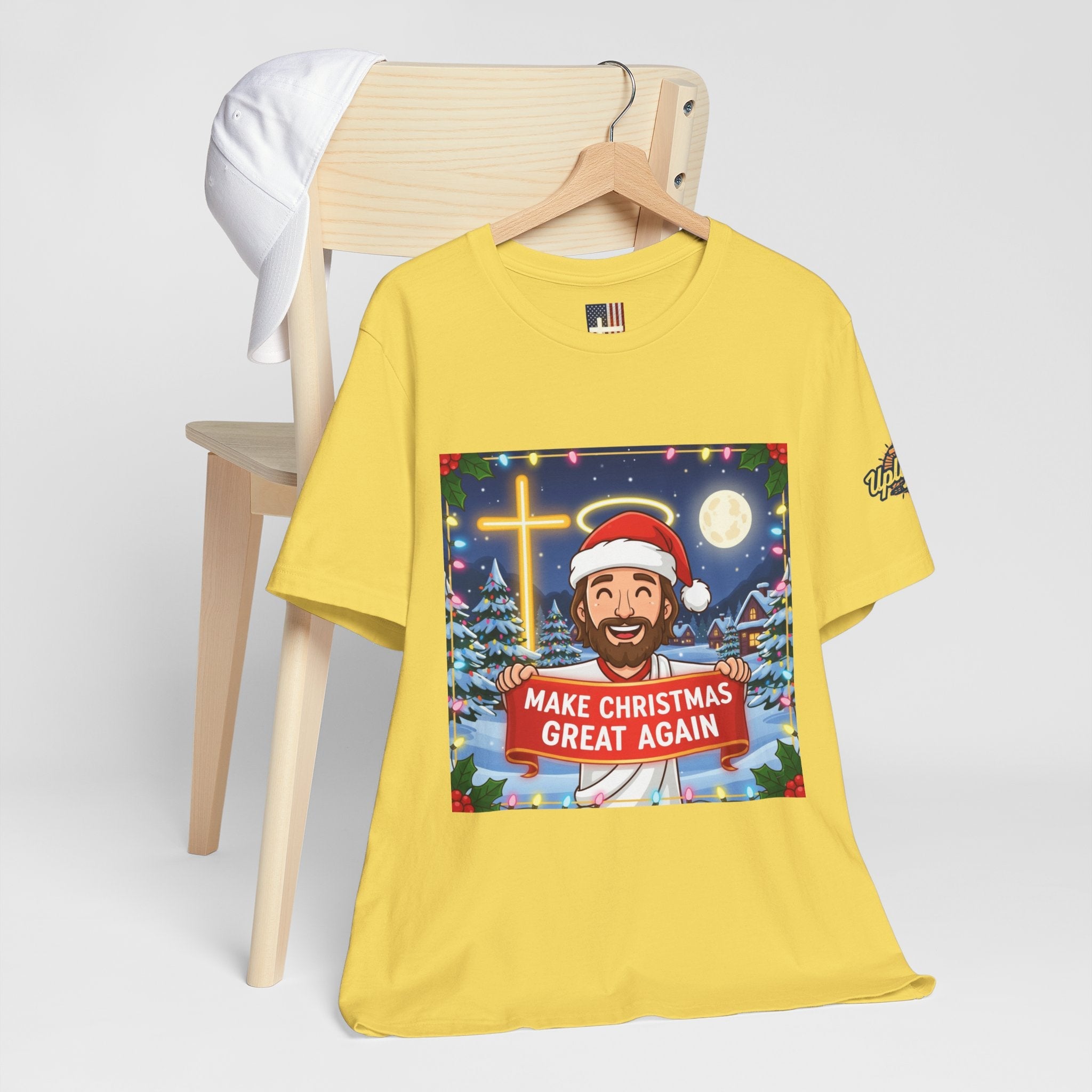 🎄 Make Christmas Great Again – Funny Christian T-Shirt | Jesus Holding Banner | Faith-Based Holiday Parody Tee | Uplifted Gear Printify
