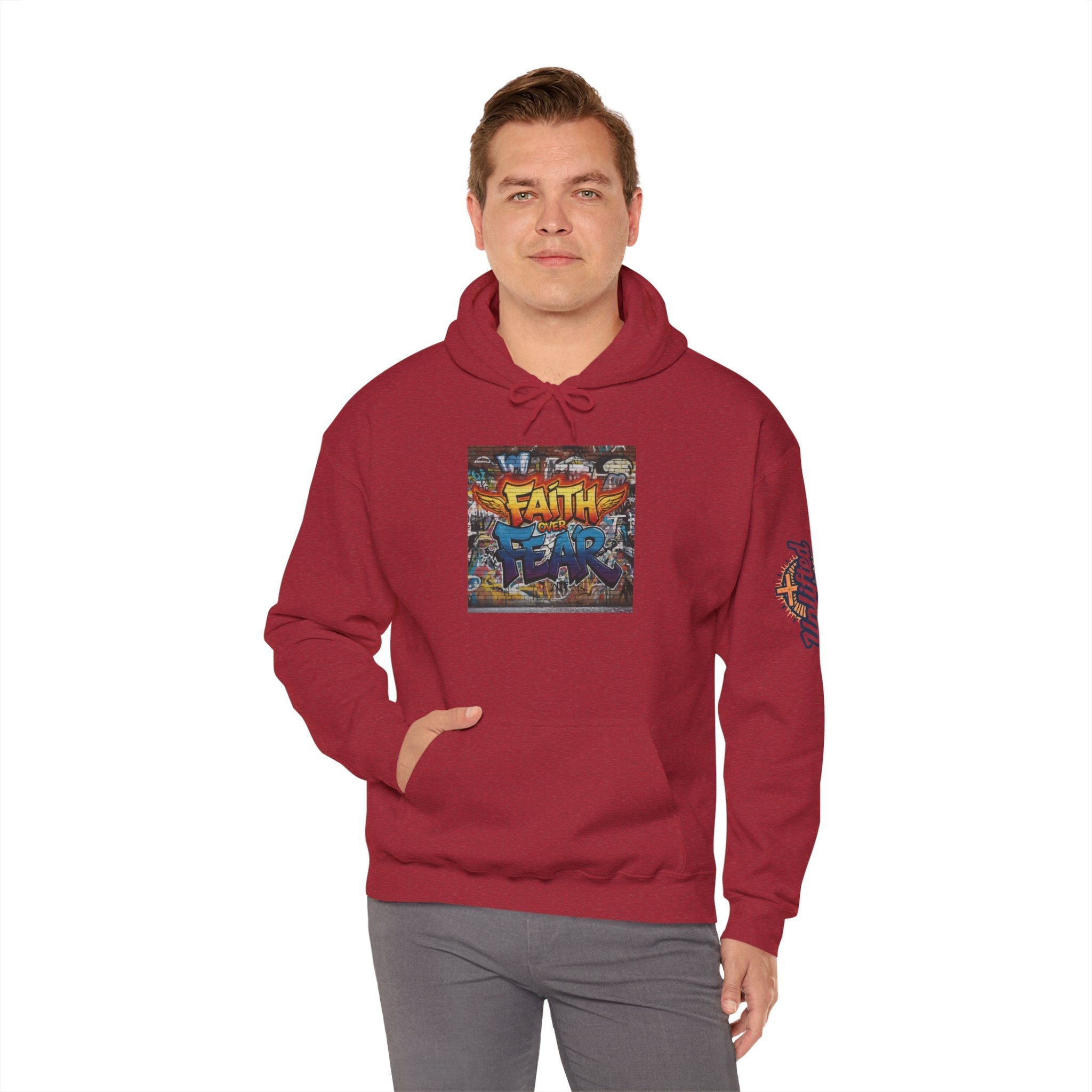 Faith Over Fear Hoodie – Graffiti Wall Christian Sweatshirt for Bold 2 Corinthians 5:7 Streetwear & Unshakable Faith Printify