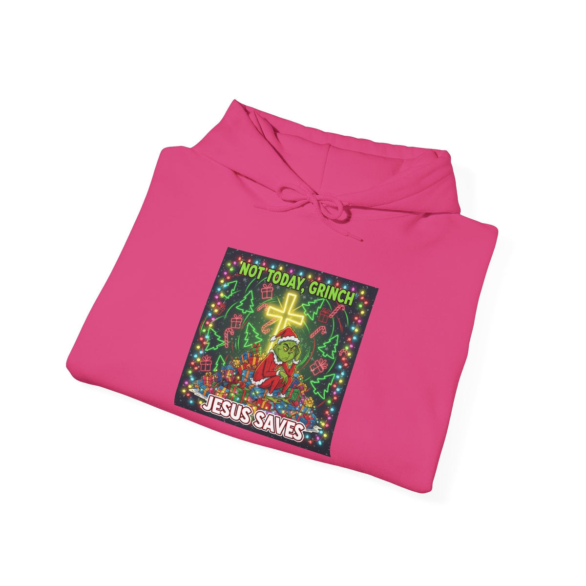 🎄 Not Today, Grinch – Jesus Saves | Funny Christian Christmas Hoodie | Festive Green & Red Cartoon Style | Bold Faith Holiday Tee by Uplifted Gear Printify