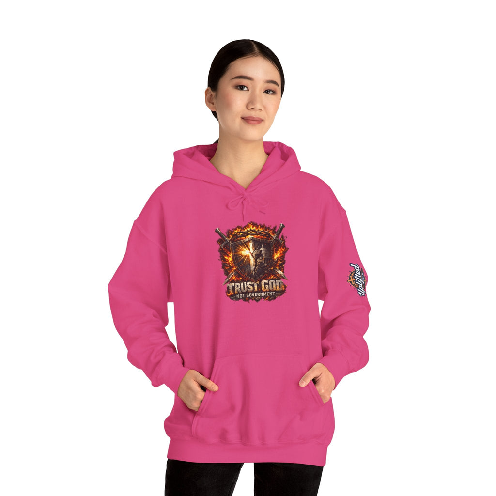 Trust God Not Government Shield Hoodie — Patriotic Christian Faith Hoodie Printify