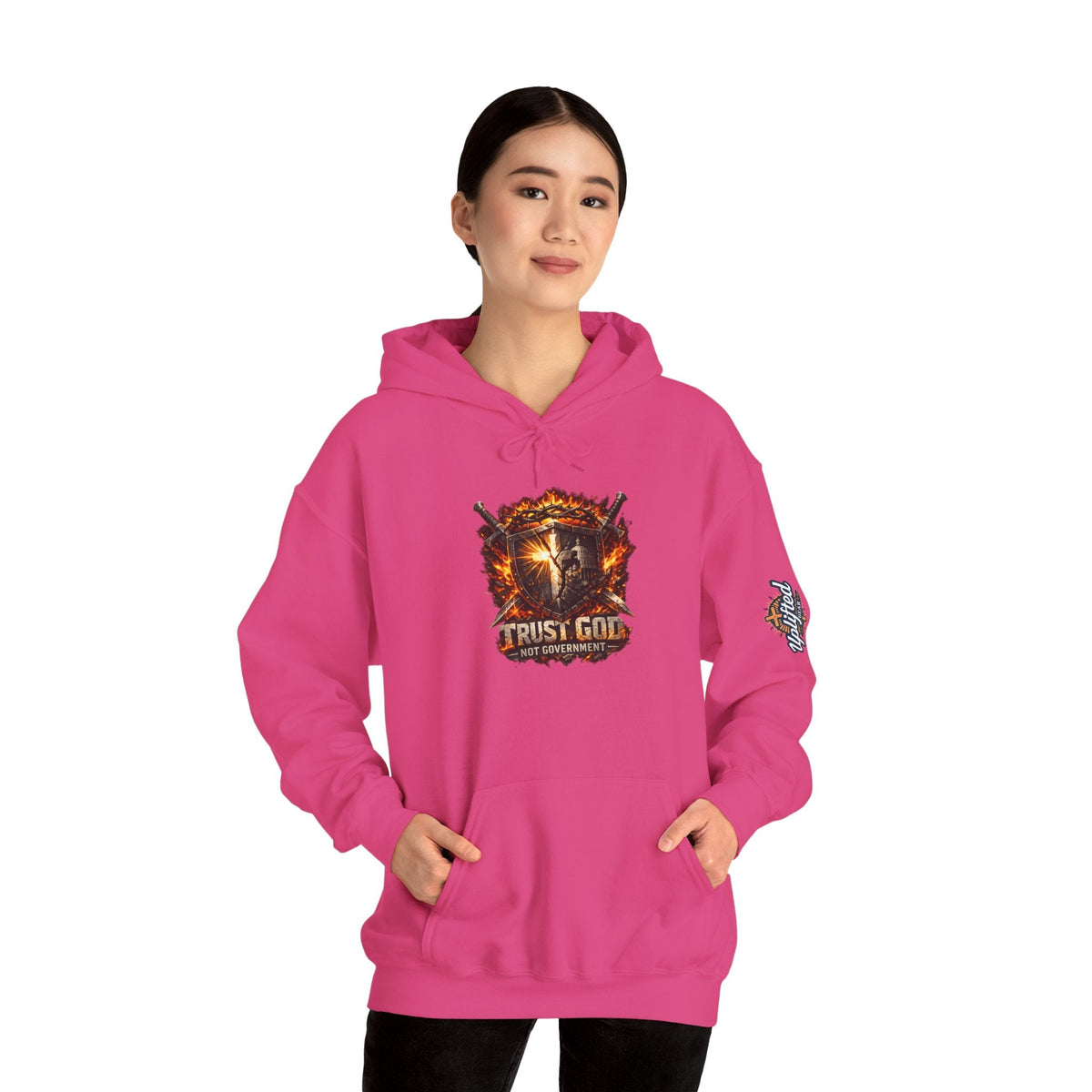 Trust God Not Government Shield Hoodie — Patriotic Christian Faith Hoodie Printify