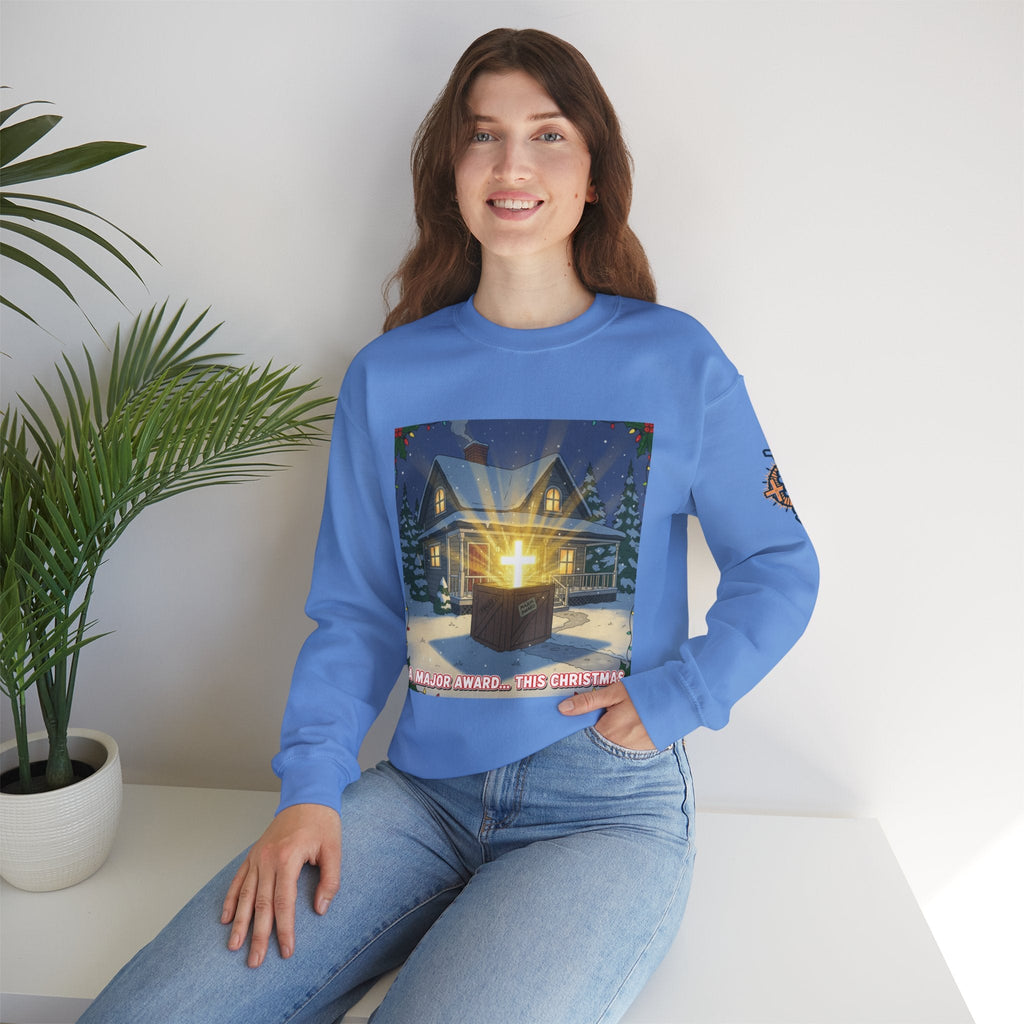 A Major Award This Christmas Sweatshirt – Fragile Leg Lamp Parody Cross Unboxing Christian Sweatshirt for Hilarious Faith & Holiday Glow Printify