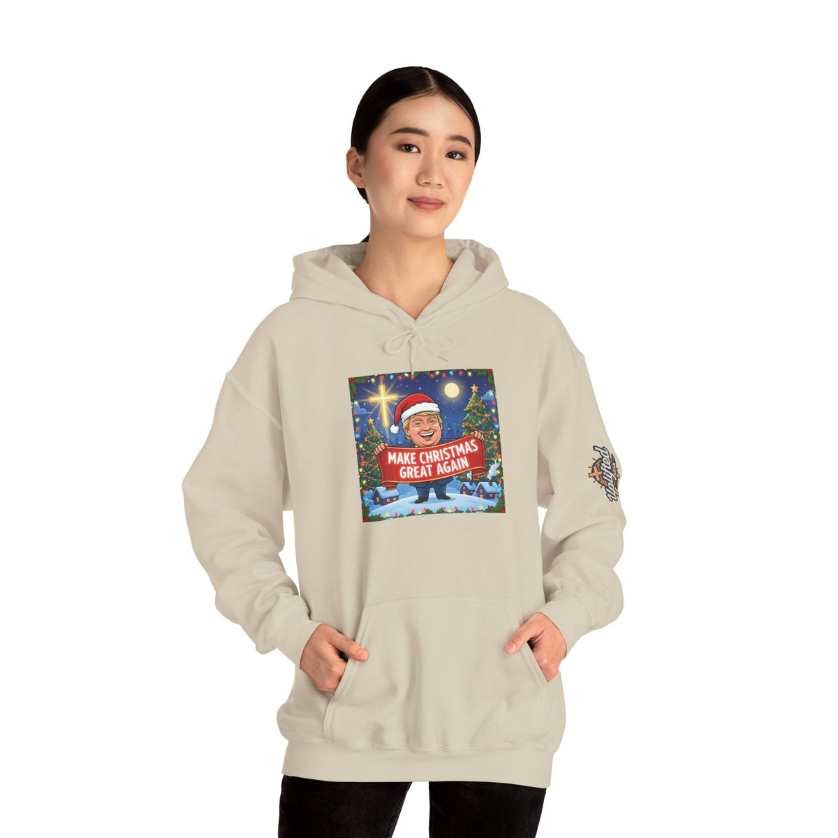 🎄 Make Christmas Great Again – Patriotic Christian Christmas Hoodie | Bold Holiday Faith Tee | Red & White Banner Design | Uplifted Gear Printify