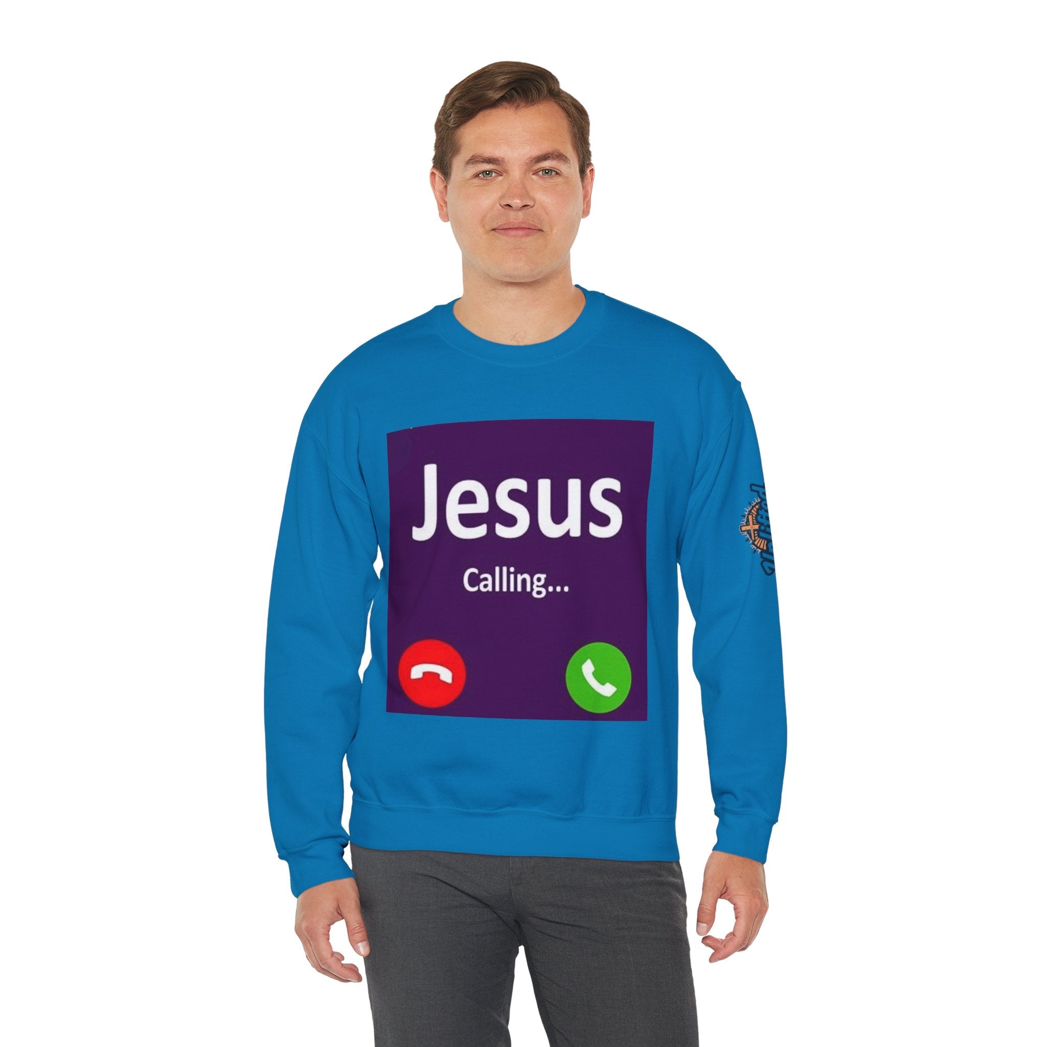 Jesus Calling Sweatshirt – Funny Cell Phone Screen Christian Sweatshirt for Divine Connection & Faith Humor Printify