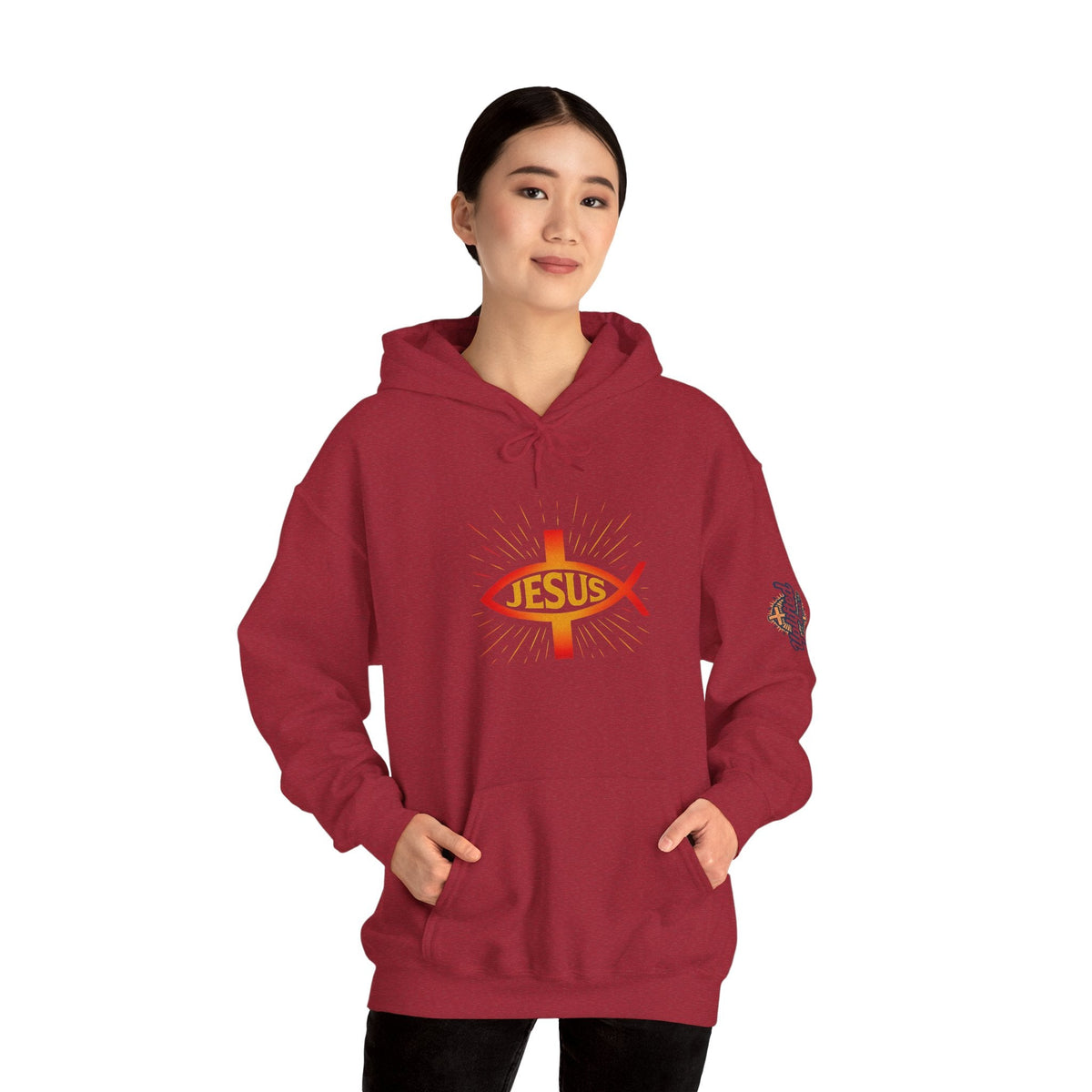 Jesus Ichthys Hoodie – Christian Fish Symbol with Cross & Jesus Inscription Sweatshirt for Eternal Faith & Streetwear Printify